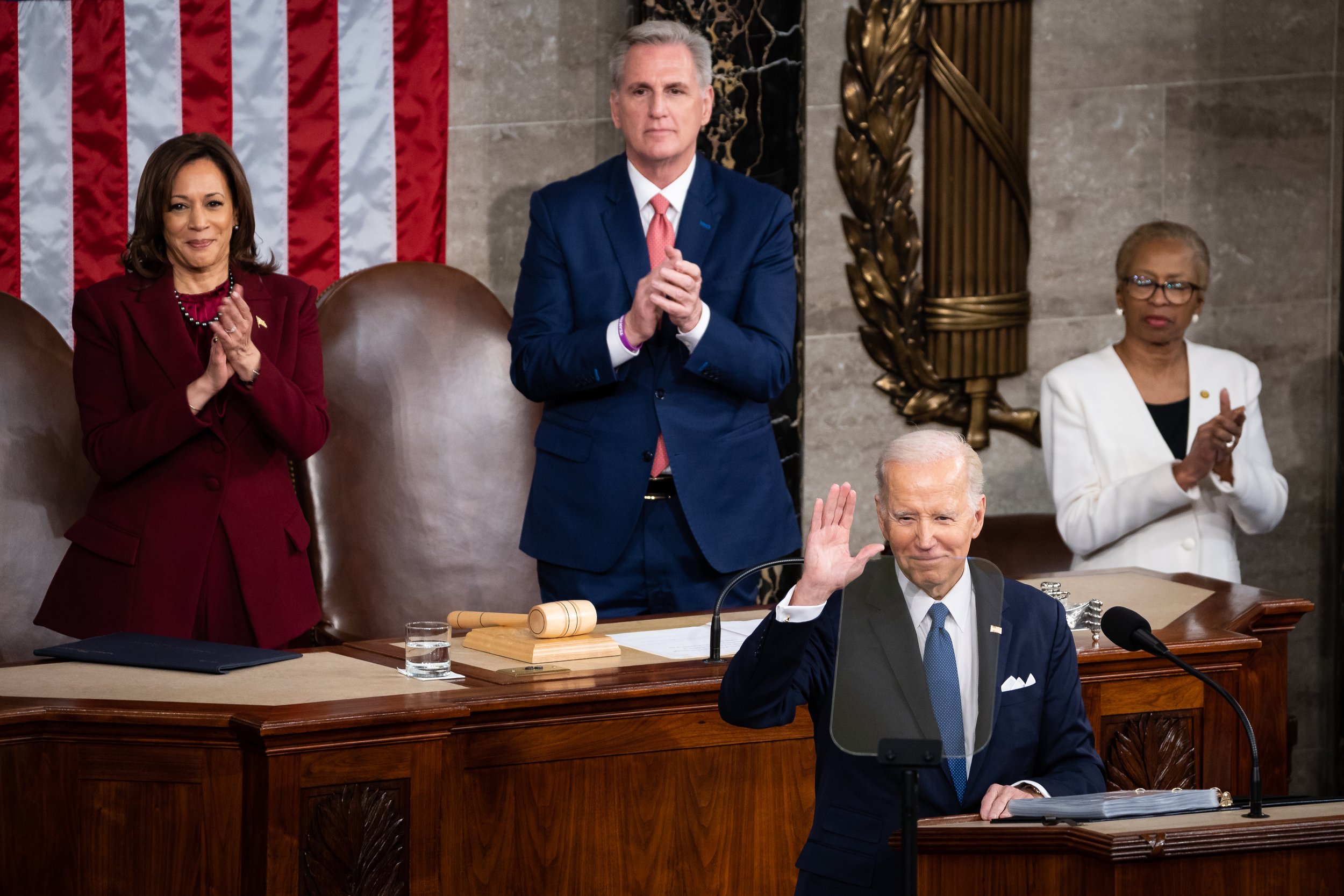  President Joe Biden delivers the State of the Union address in the the House chamber at the U.S. Capitol Feb. 7, 2023. Also seen are Vice President Kamala Harris, House Speaker Kevin McCarthy (R-Calif.), and Clerk of the House Cheryl Johnson. 