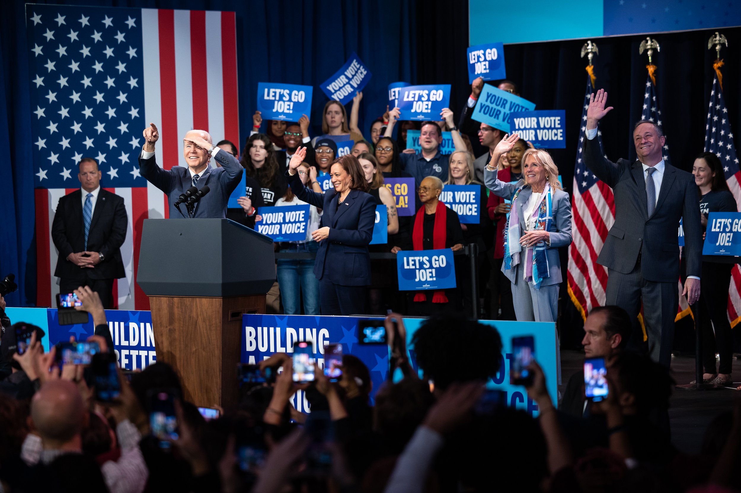  President Joe Biden, Vice President Kamala Harris, First Lady Jill Biden, and Second Gentleman Doug Emhoff appear at a Democratic National Committee post-election rally at the Howard Theatre in Washington, D.C., Nov. 10, 2023. 