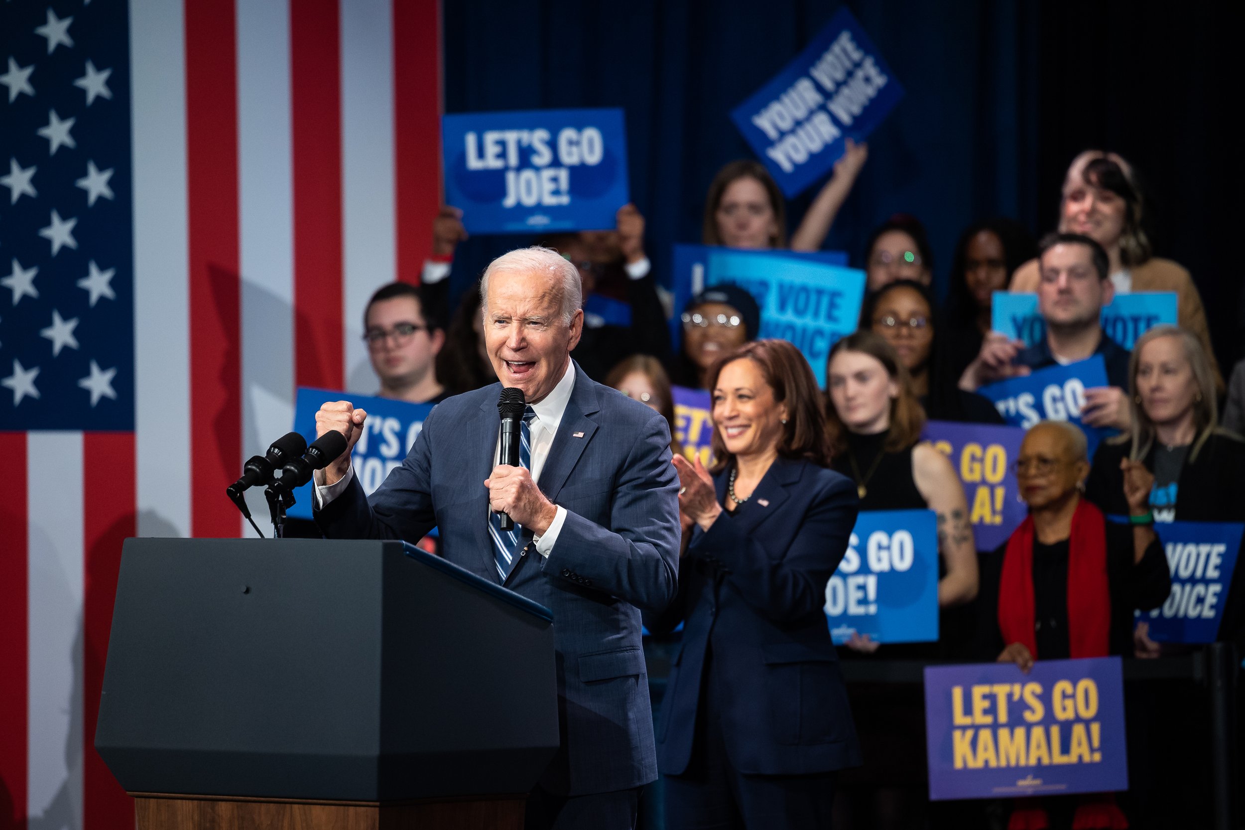  President Joe Biden and Vice President Kamala Harris take part in a Democratic National Committee post-election rally at the Howard Theatre in Washington, D.C., Nov. 10, 2022. 