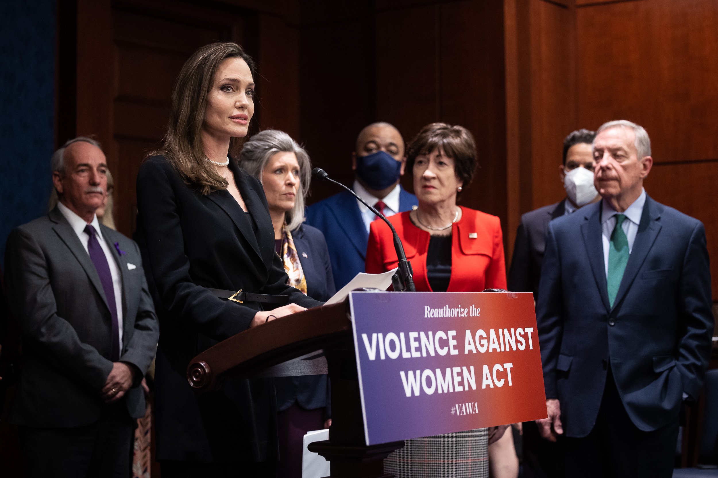 Actor Angelina Jolie, a bipartisan group of Senators, and advocates hold a press conference on the Violence Against Women Act on Capitol Hill Feb. 9, 2022.