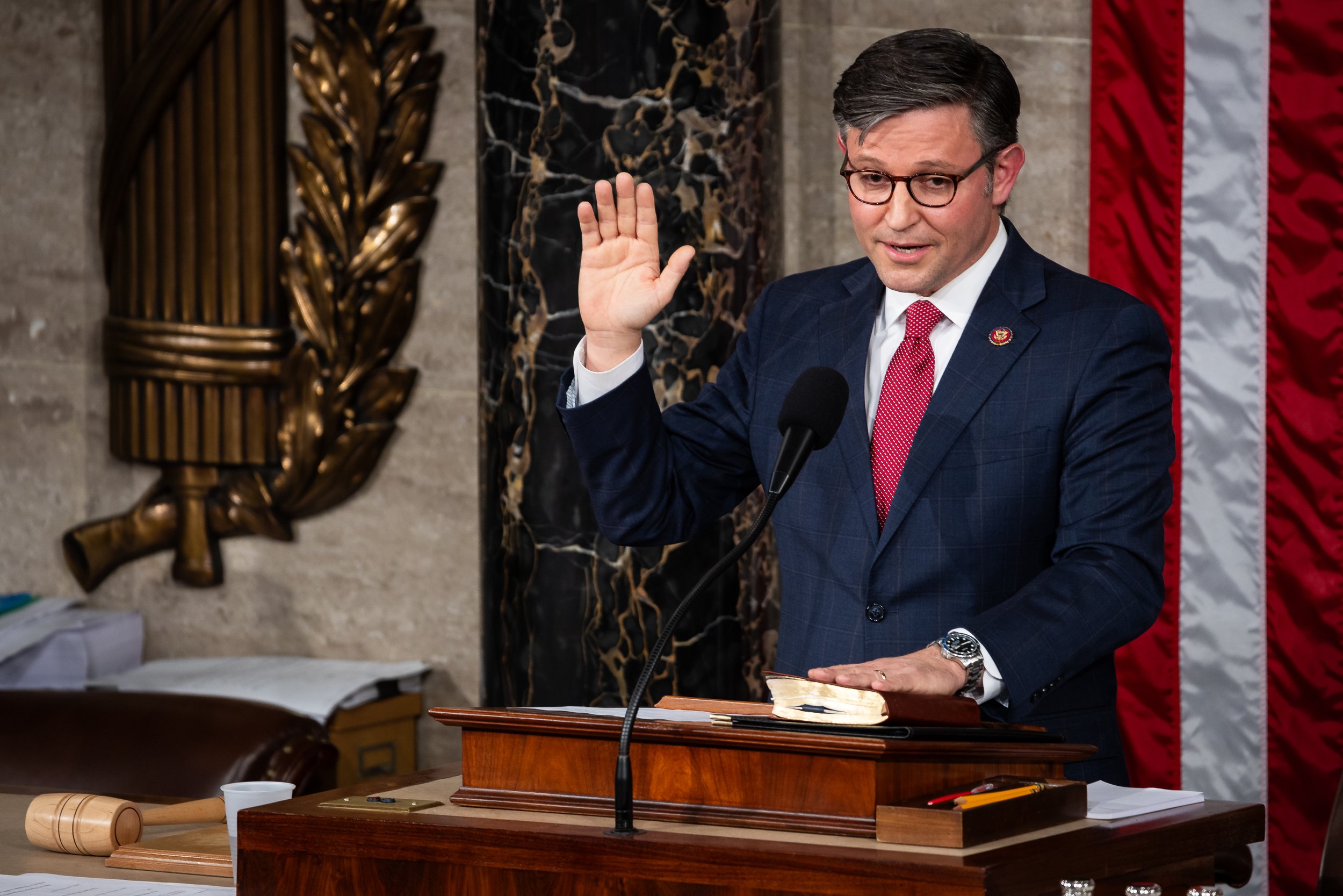  House Speaker Mike Johnson (R-La.) is sworn in inside the House chamber at the U.S. Capitol Oct. 25, 2023.  