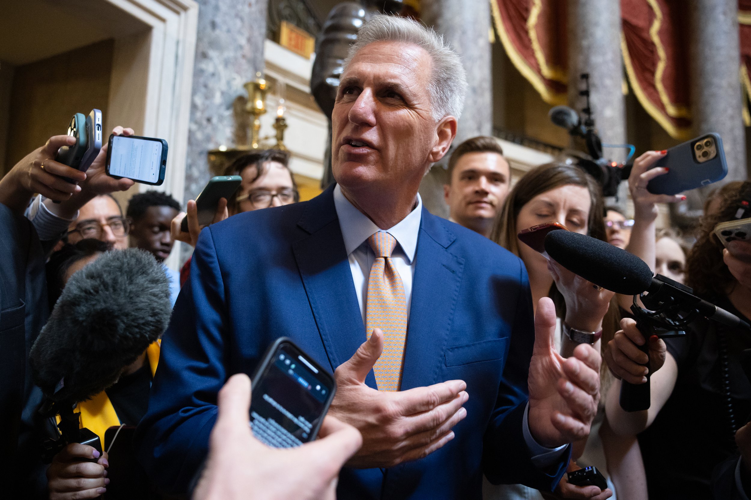  House Speaker Kevin McCarthy (R-Calif.) speaks with reporters at the U.S. Capitol May 23, 2023. 