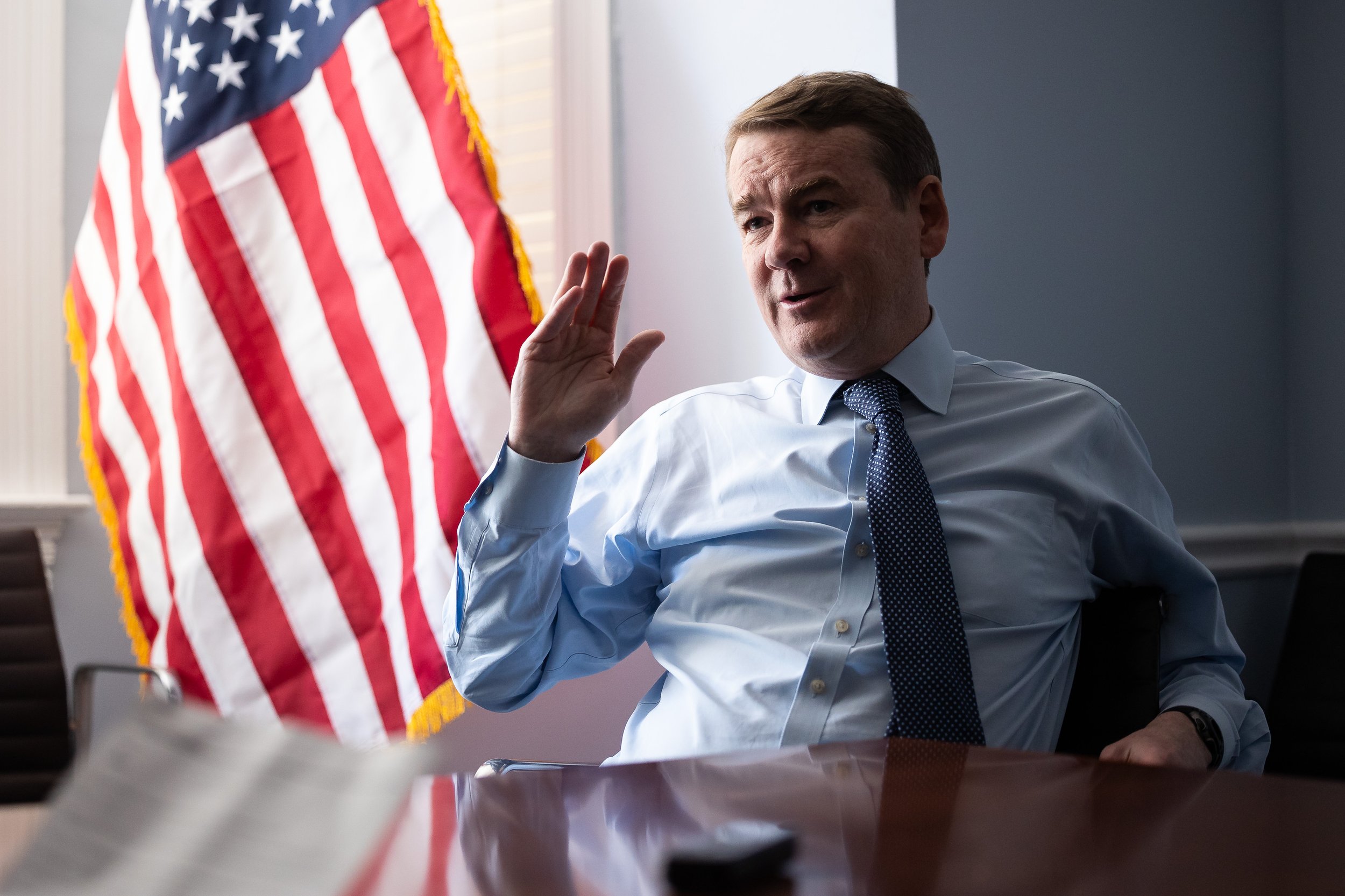  Sen. Michael Bennet (D-Colo.) gives an interview at Democratic Senatorial Campaign Committee headquarters on Capitol Hill May 19, 2022.  