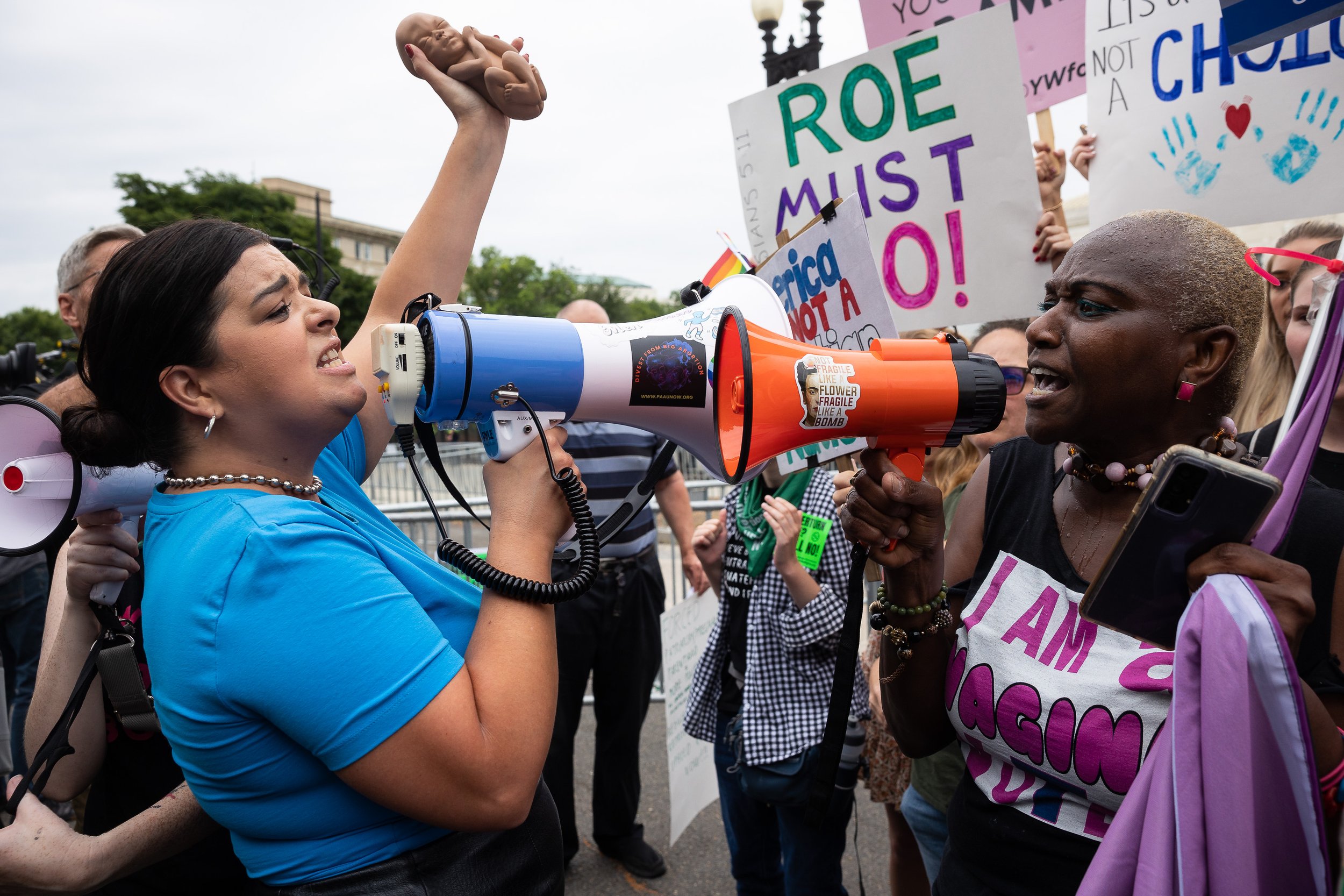  Anti-abortion demonstrators clash with abortion-rights demonstrators outside the U.S. Supreme Court as they await the court's decision on possibly overturning Roe v. Wade June 21, 2022.  