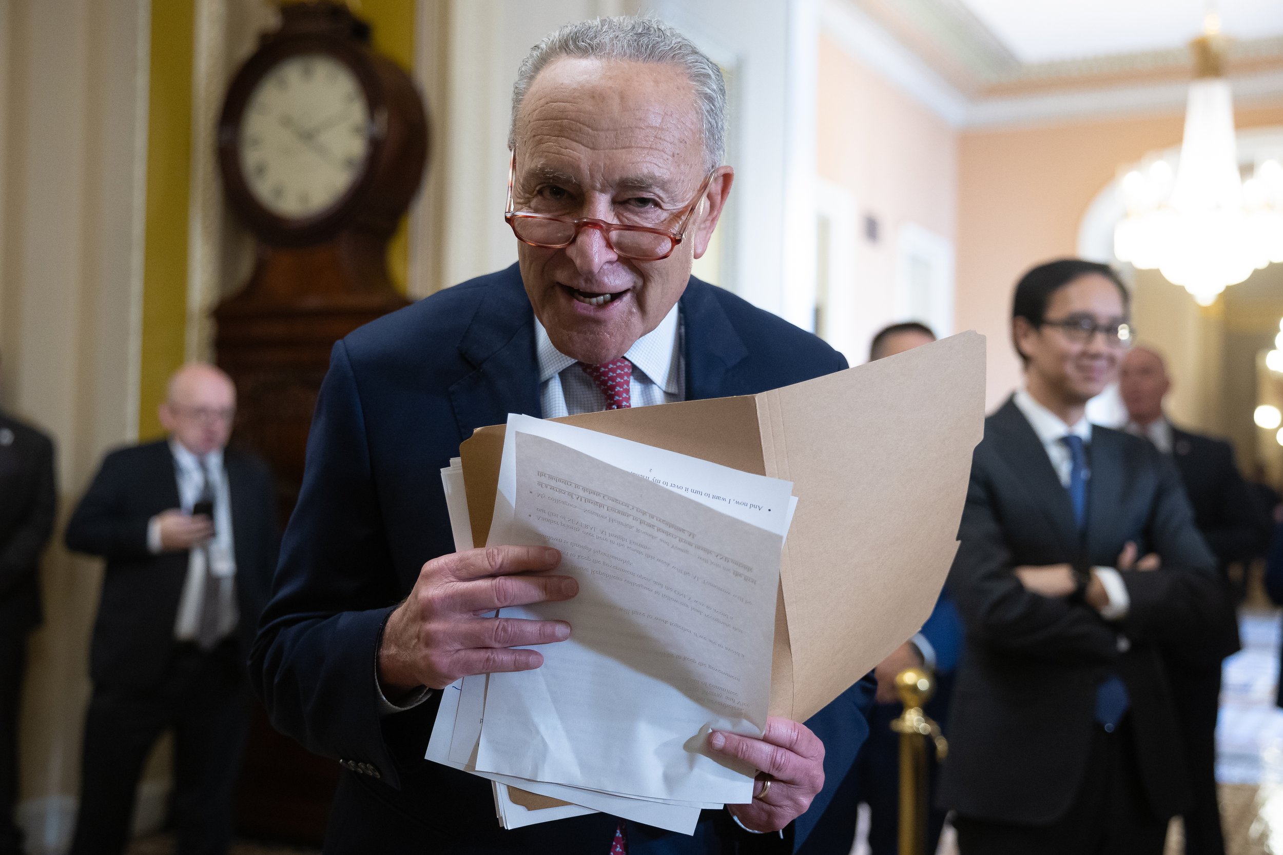  Senate Majority Leader Chuck Schumer (D-N.Y.) demonstratively hides his notes from me during a press conference at the U.S. Capitol Sept. 12, 2023.  