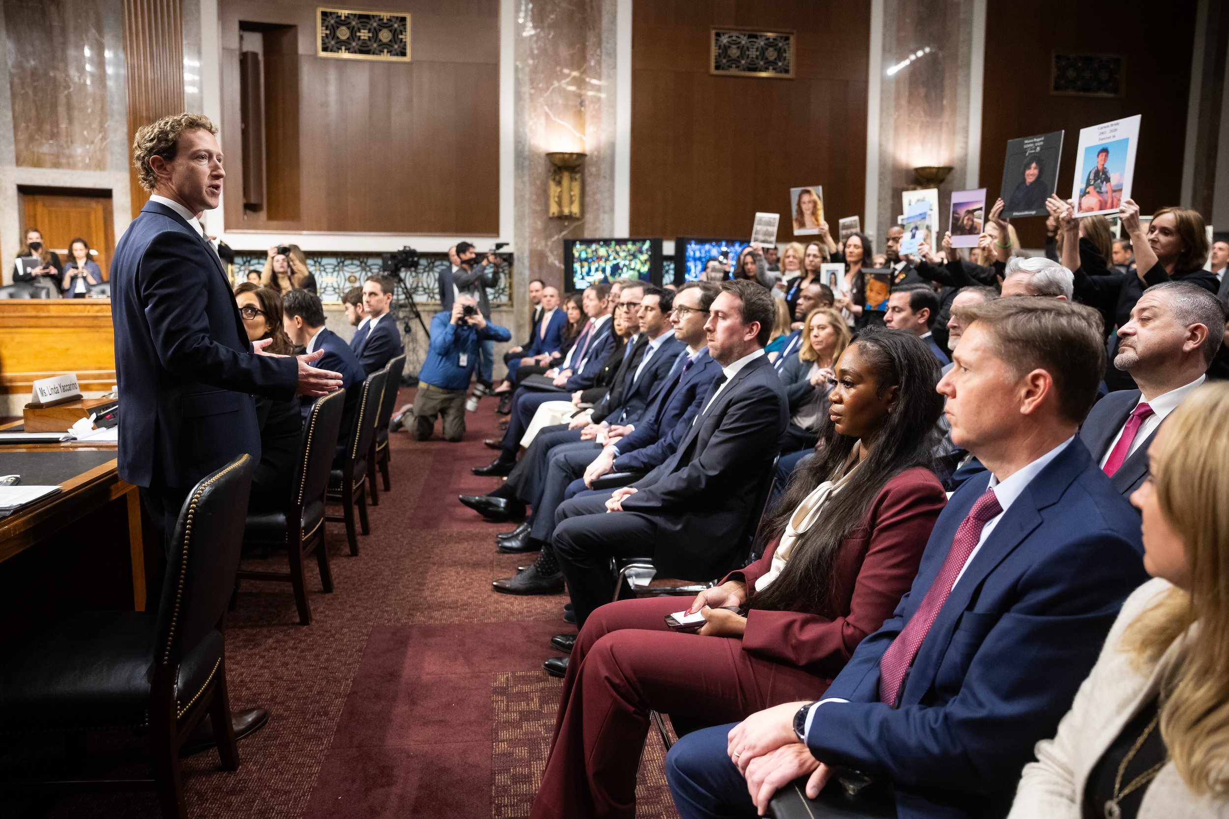  Meta CEO Mark Zuckerberg, at left, apologizes to families of child sexual exploitation victims during a Senate Judiciary Committee hearing entitled "Big Tech and the Online Child Sexual Exploitation Crisis" on Capitol Hill Jan. 31, 2024.  