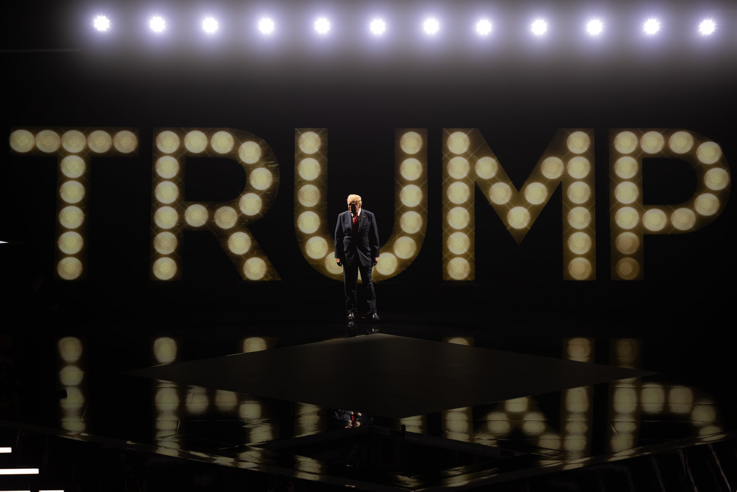  Former President Donald Trump arrives to speak during the final night of the Republican National Convention at Fiserv Forum in Milwaukee, Wis., July 18, 2024.  