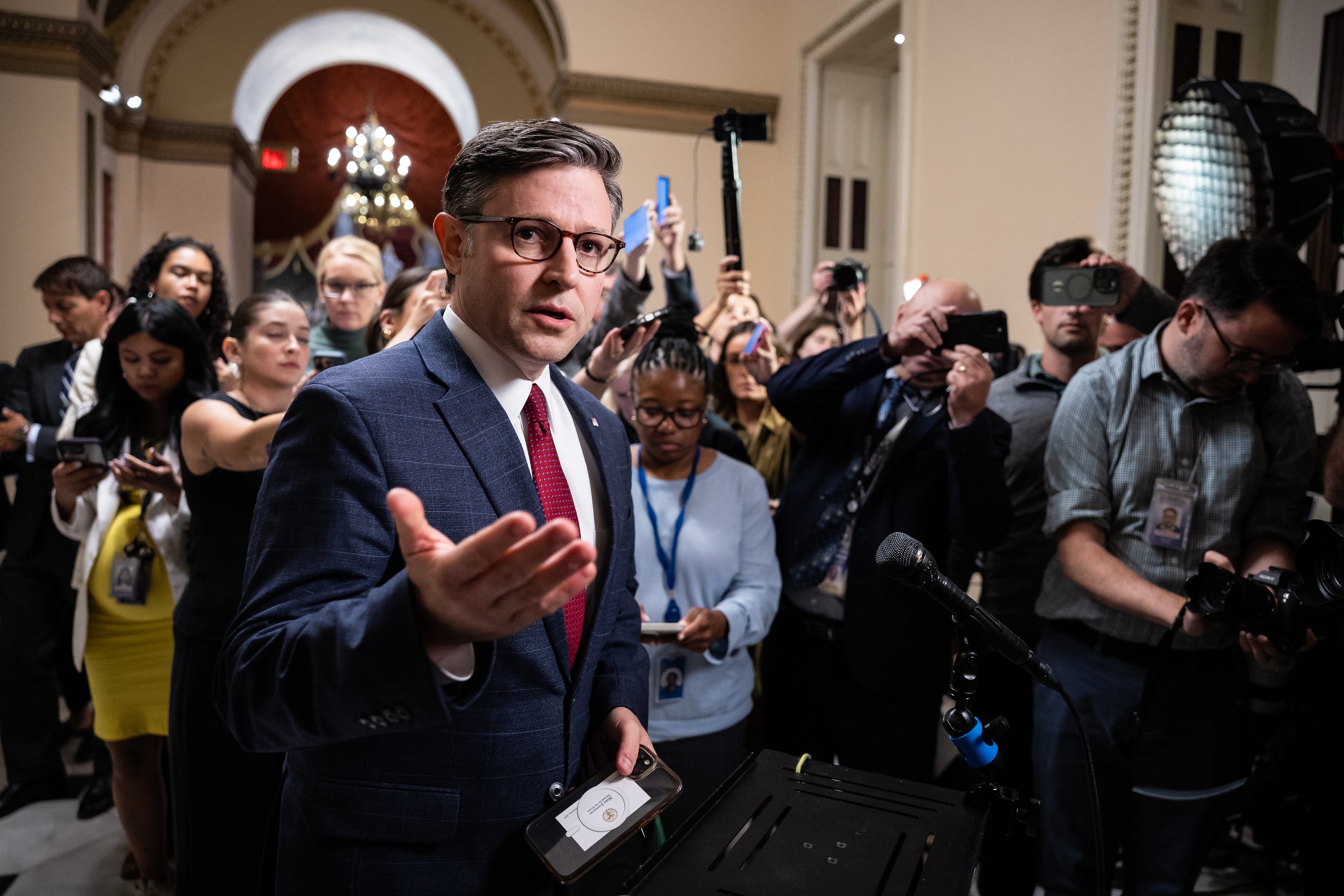  House Speaker Mike Johnson (R-La.) speaks with reporters at the U.S. Capitol about the shooting of Charlie Kirk Sept. 10, 2025.  