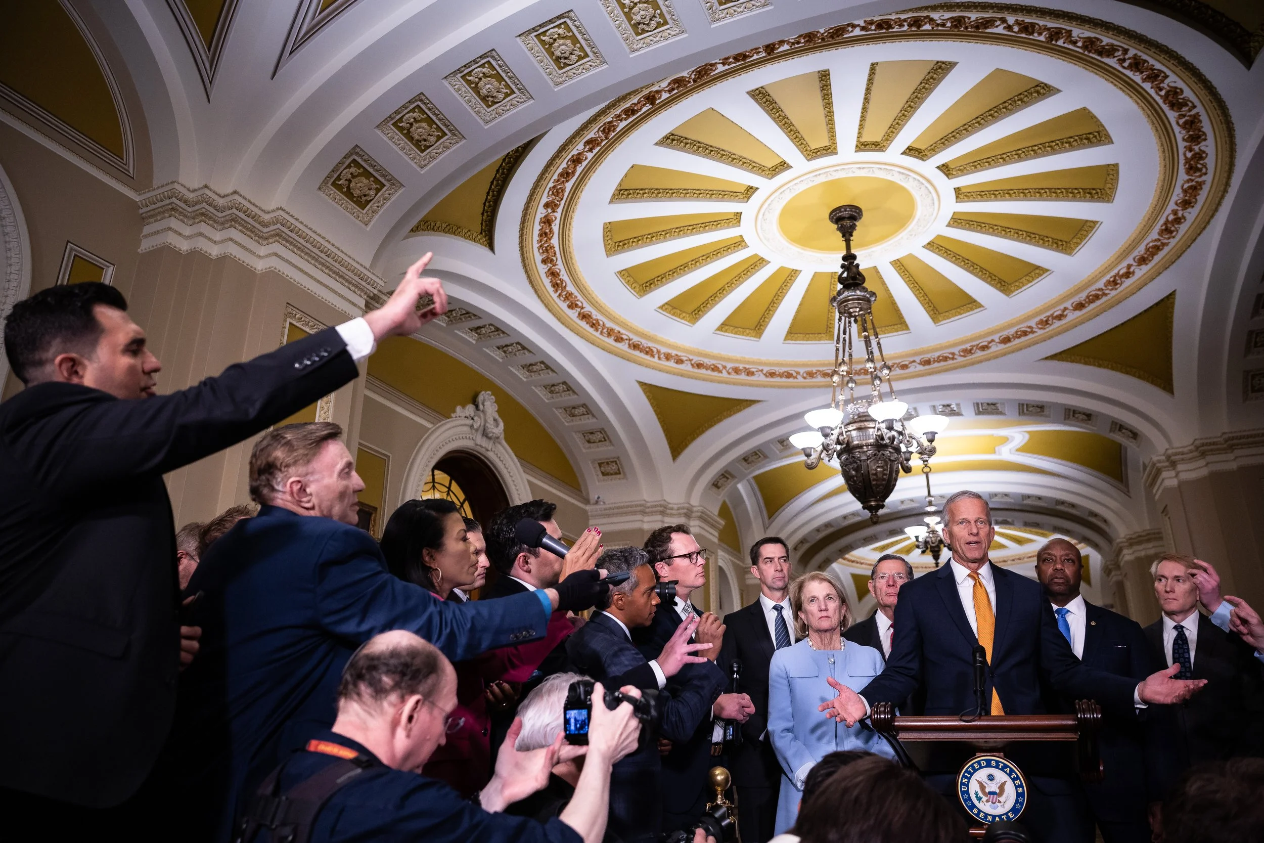  Senate Majority Leader John Thune (R-S.D.) speaks alongside other Senate Republicans during a press conference at the U.S. Capitol on the 28th day of a government shutdown, Oct. 28, 2025.  