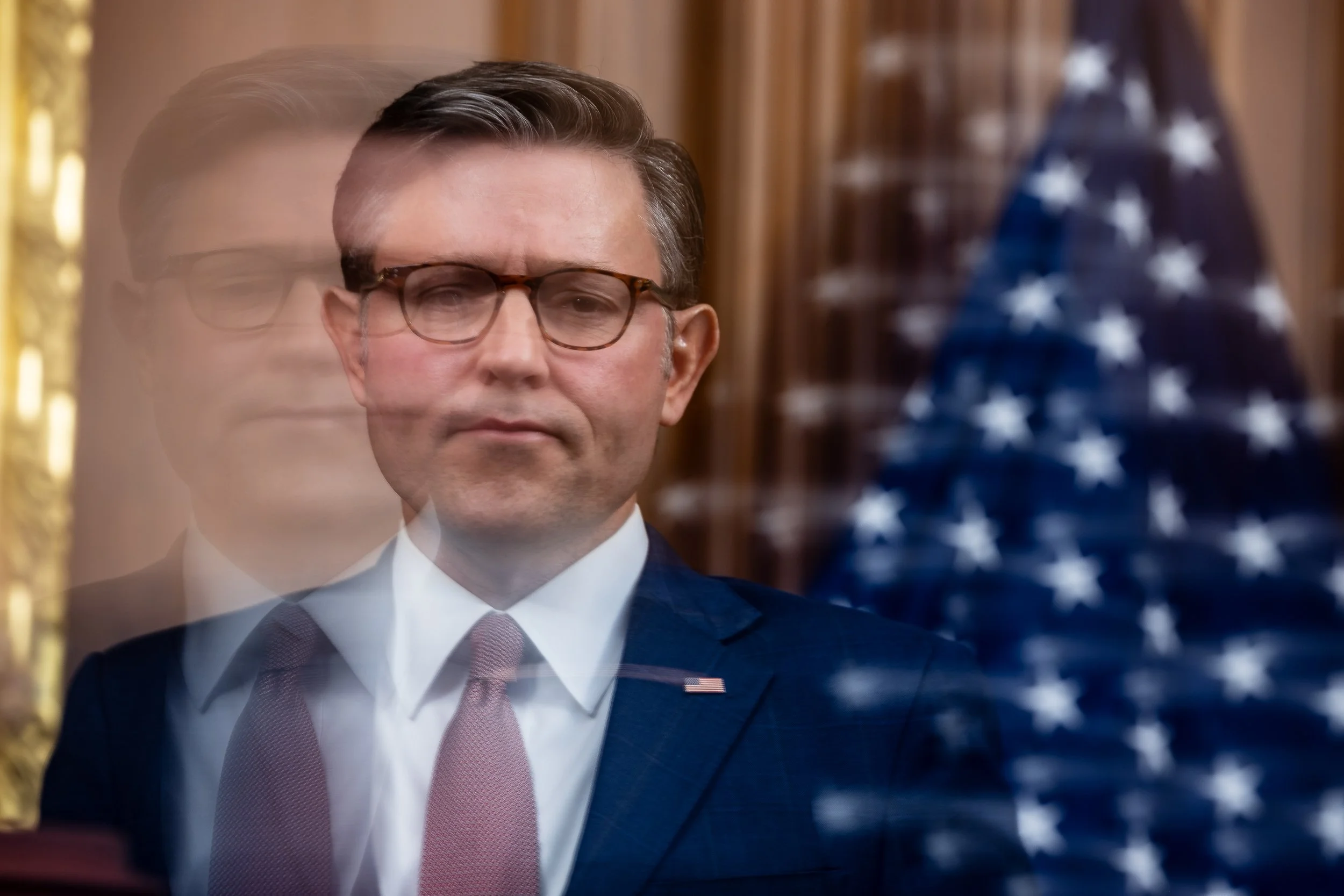  House Speaker Mike Johnson (R-La.) looks on during a press conference at the U.S. Capitol on the 10th day of a government shutdown, Oct. 10, 2025.  