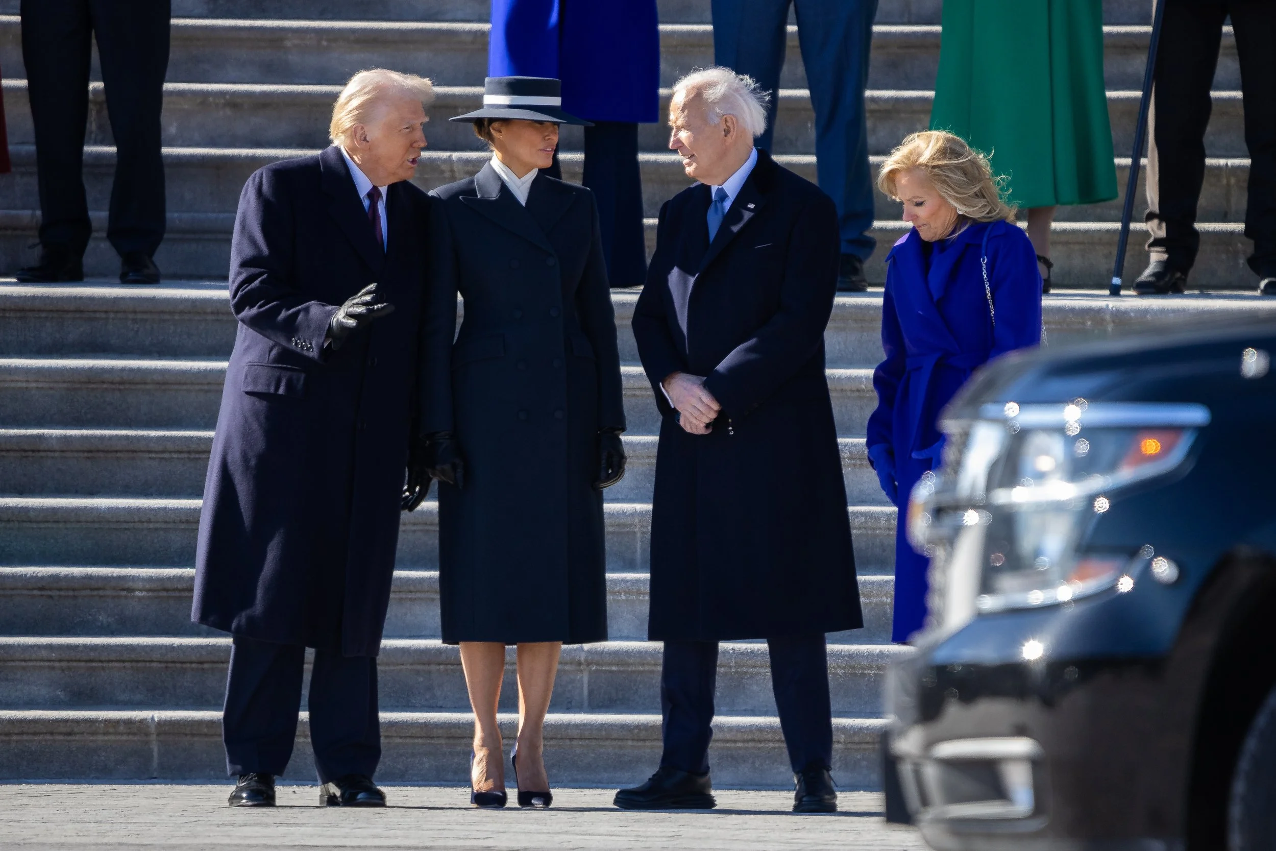  From left, President Donald Trump, First Lady Melania Trump, former President Joe Biden, and former First Lady Jill Biden converse as the Bidens prepare to depart the U.S. Capitol after the presidential inauguration on Jan. 20, 2025. 