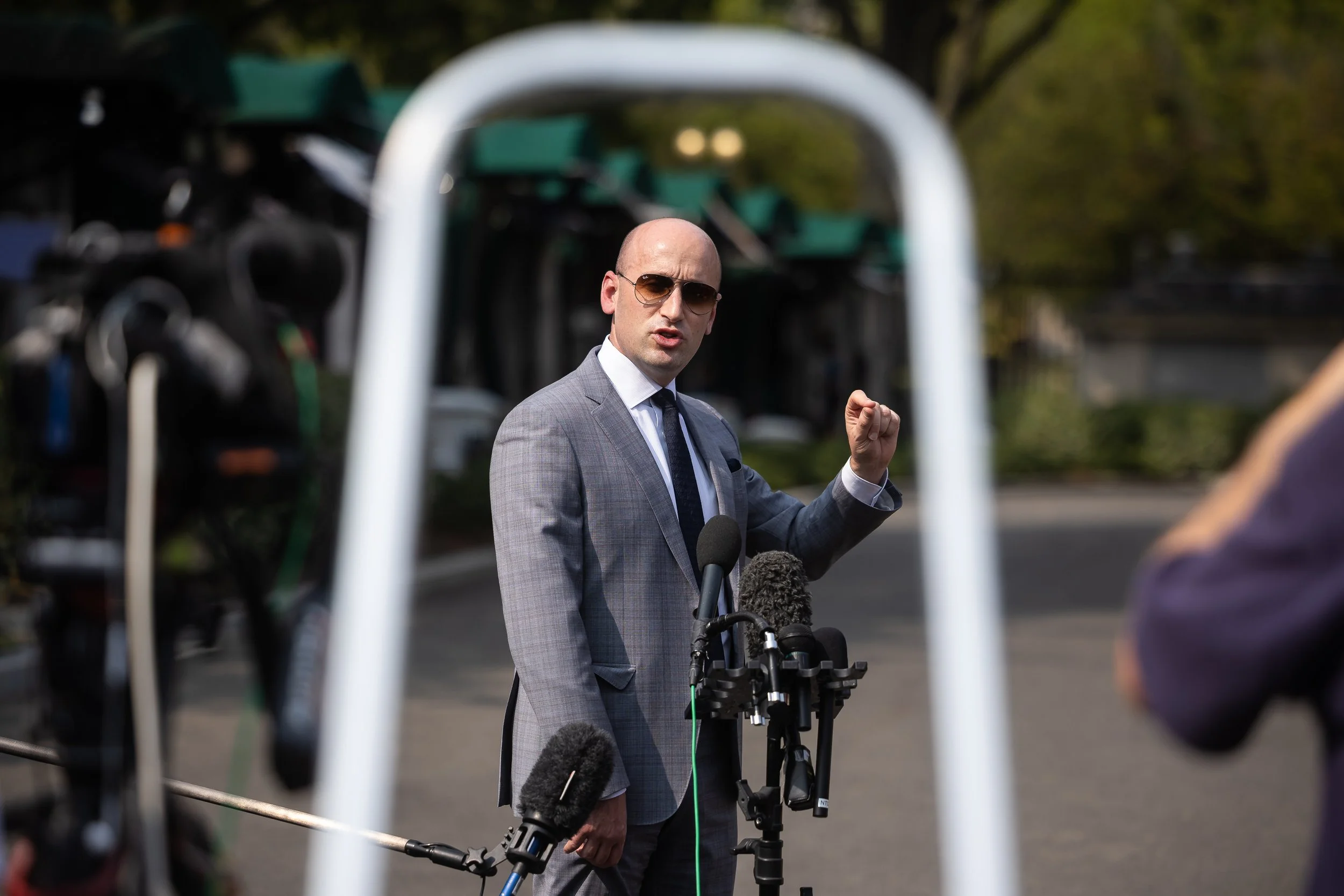  White House Deputy Chief of Staff Stephen Miller speaks with reporters outside the White House Sept. 5, 2025. 