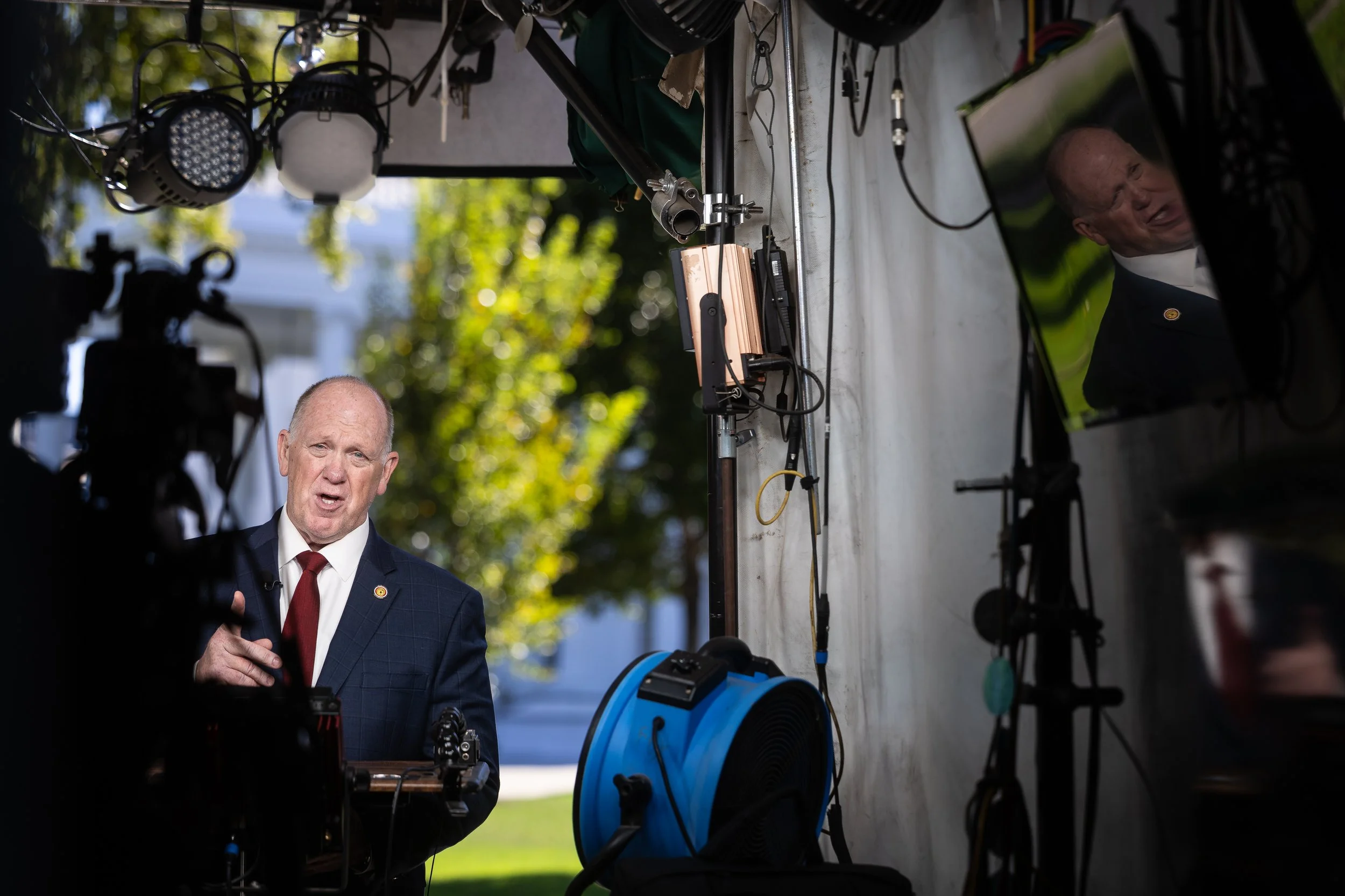  White House border czar Tom Homan gives a television interview outside the White House Oct. 16, 2025.  