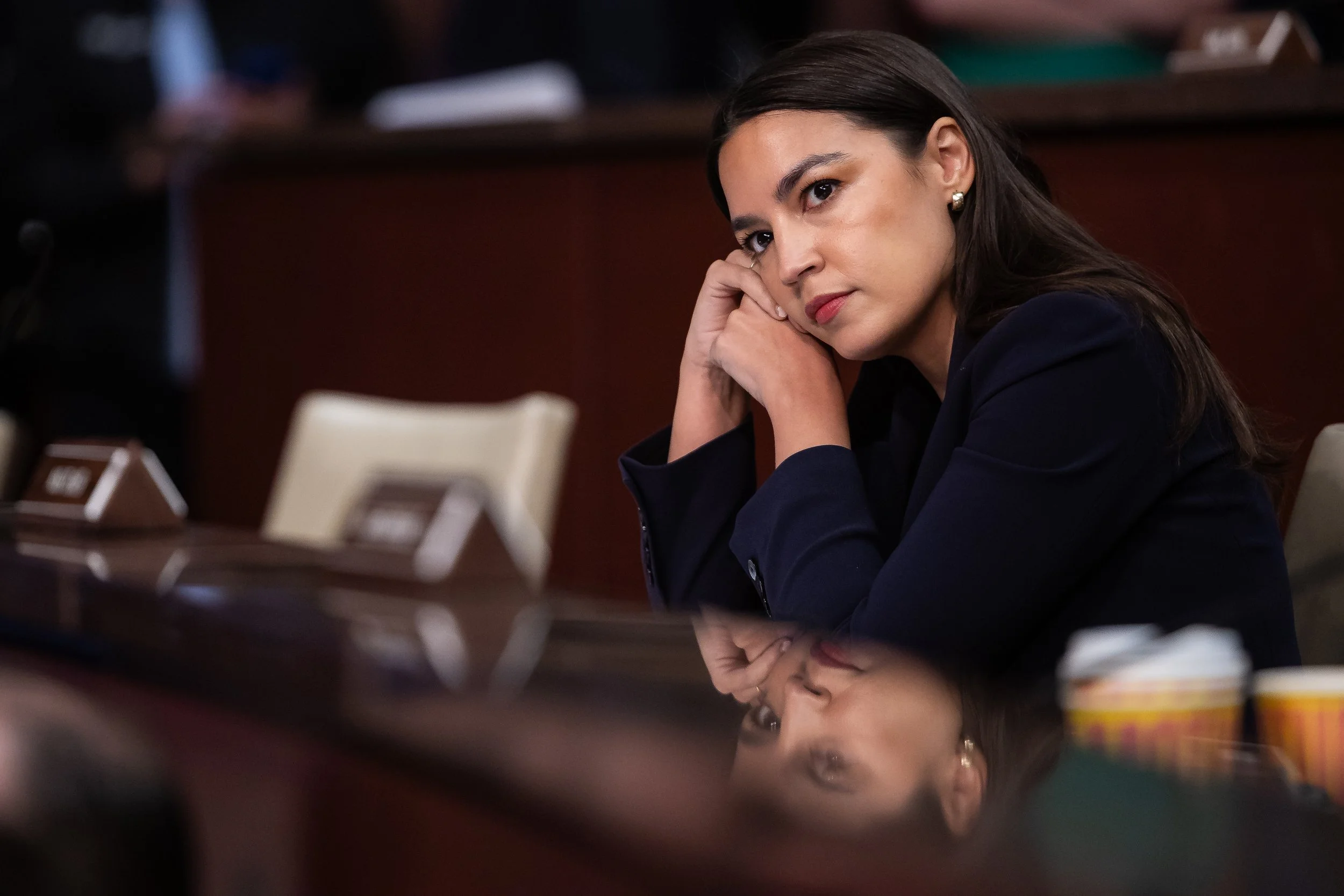  Rep. Alexandria Ocasio-Cortez (D-N.Y.) looks on during a House Oversight and Government Reform Committee hearing on sanctuary cities on Capitol Hill March 5, 2025.  