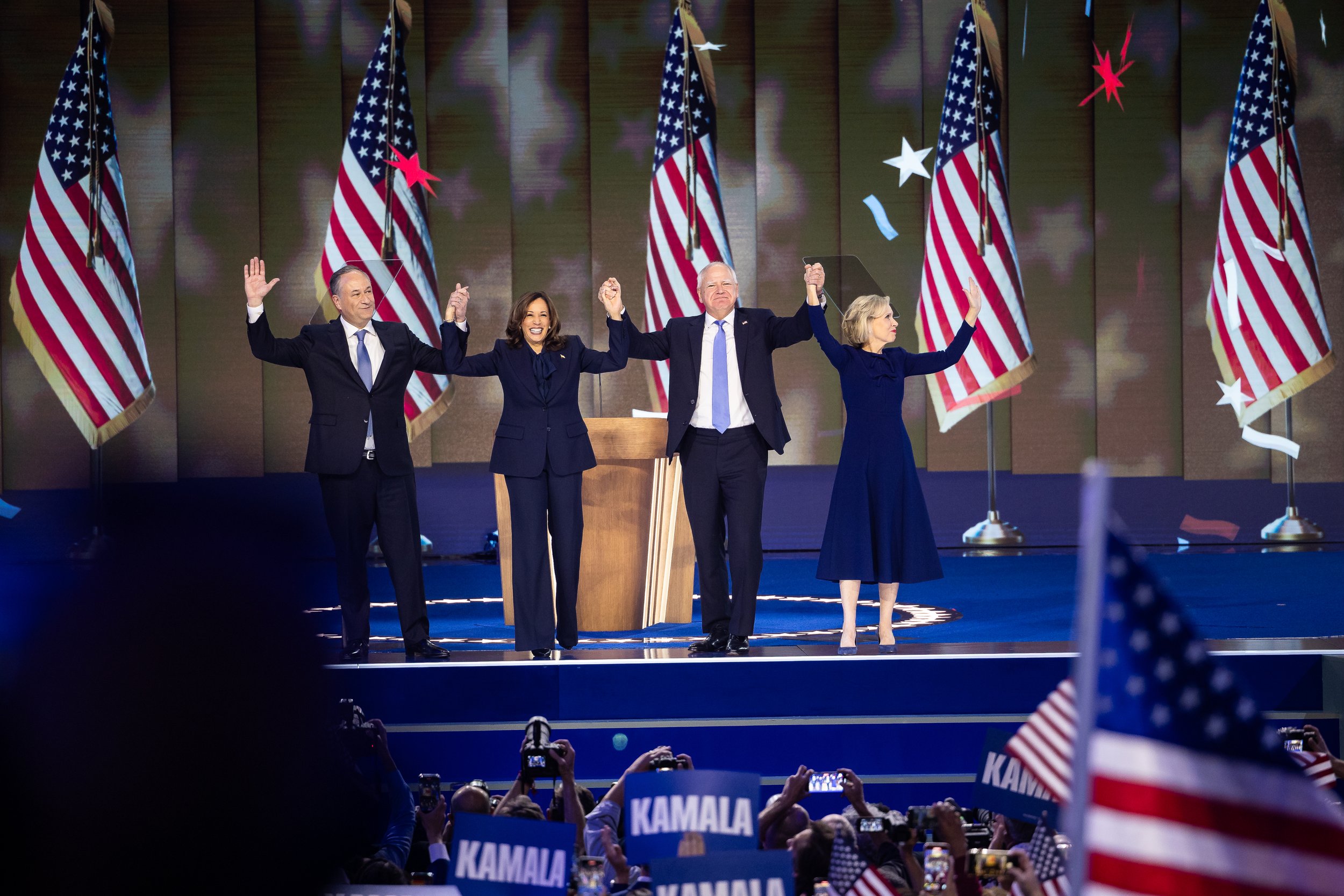  From left, Second Gentleman Doug Emhoff, Vice President and Democratic presidential nominee Kamala Harris, Democratic vice presidential candidate Tim Walz, and Gwen Walz are seen at the end of the final night of the Democratic National Convention at
