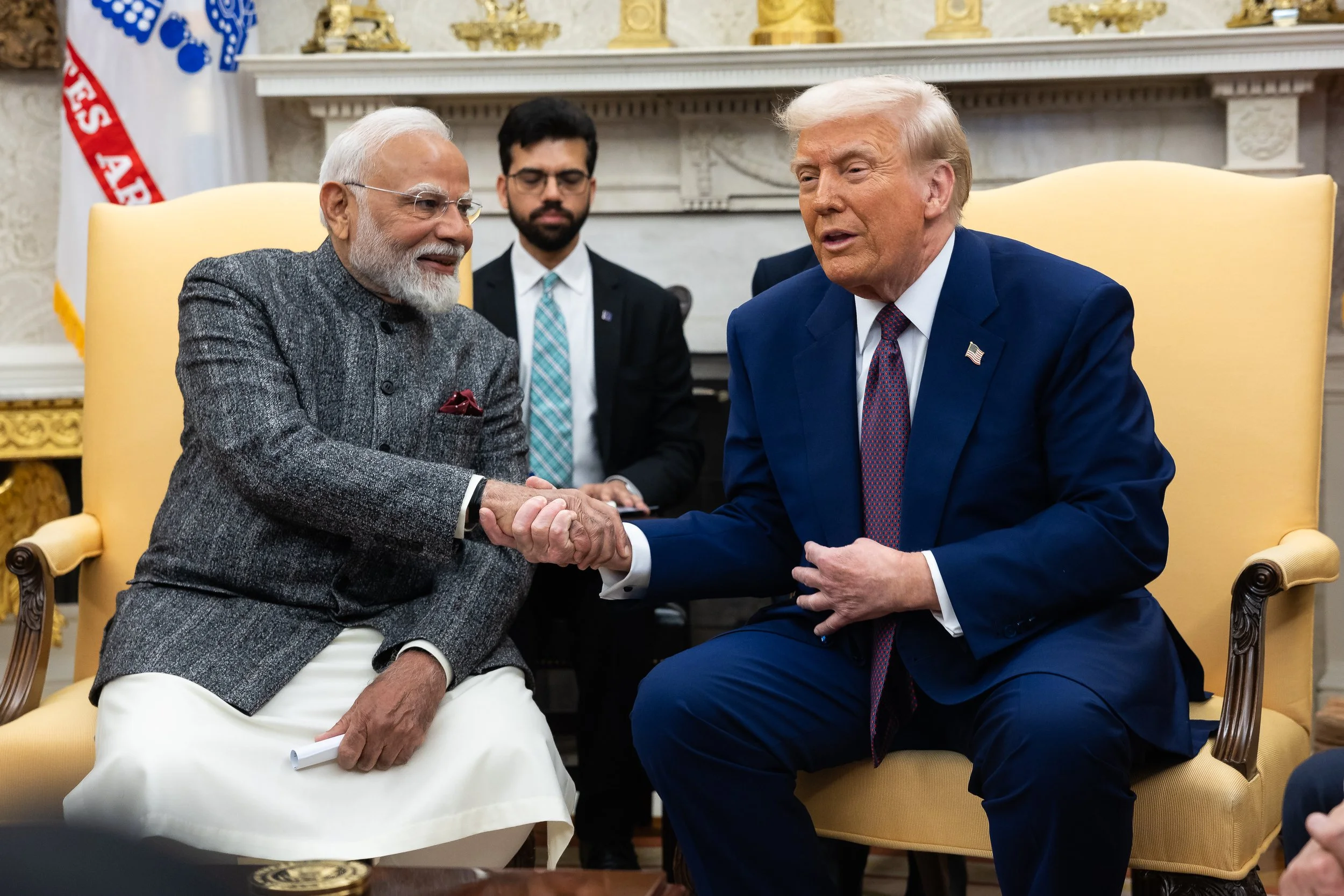  India Prime Minister Narendra Modi shakes hands with U.S. President Donald Trump in the Oval Office at the White House Feb. 13, 2025.  