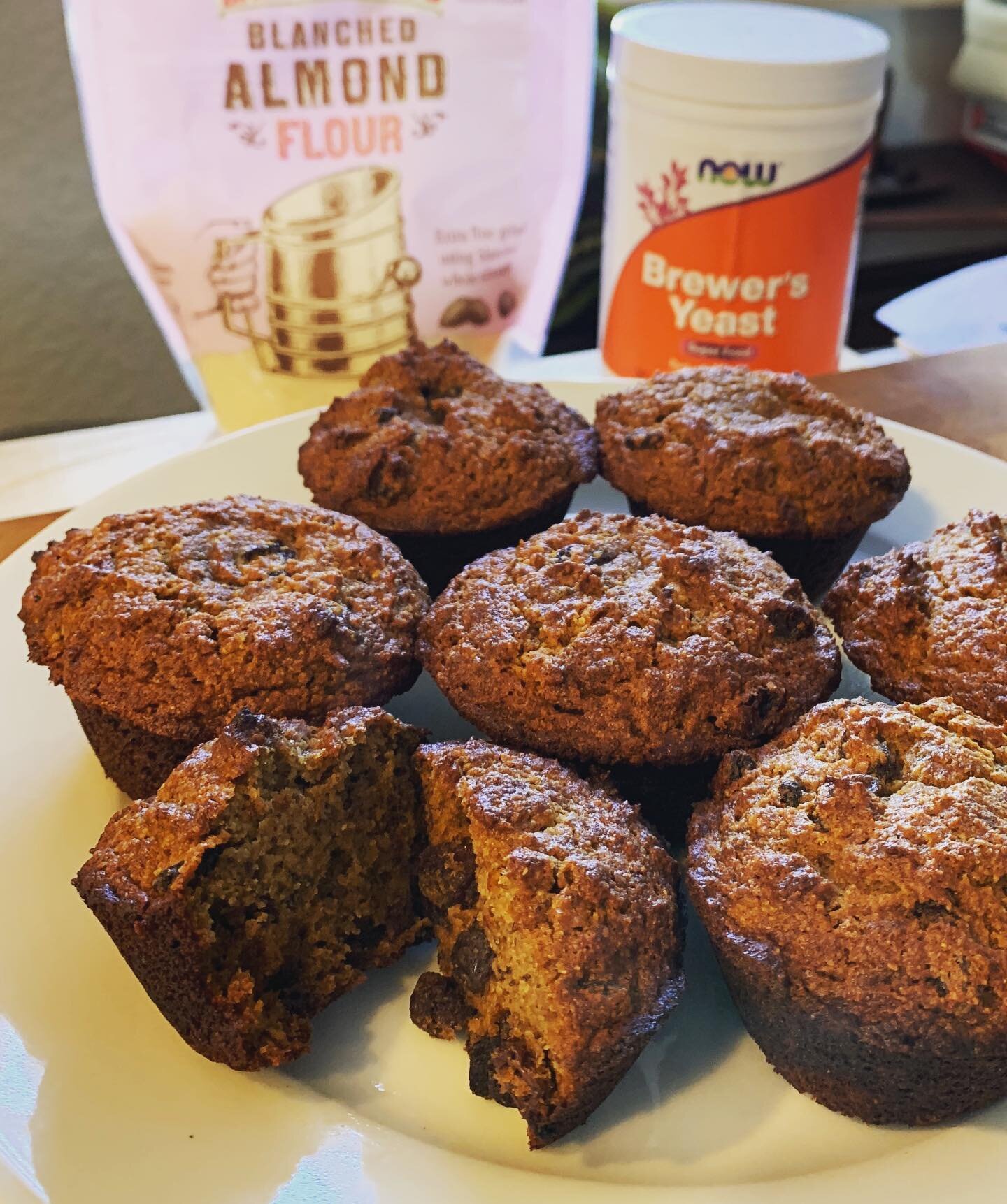 Protein muffins are great postpartum snacks. These are pumpkin raisin made with almond flour and brewer&rsquo;s yeast for energy and lactation support. #postpartumsnacks