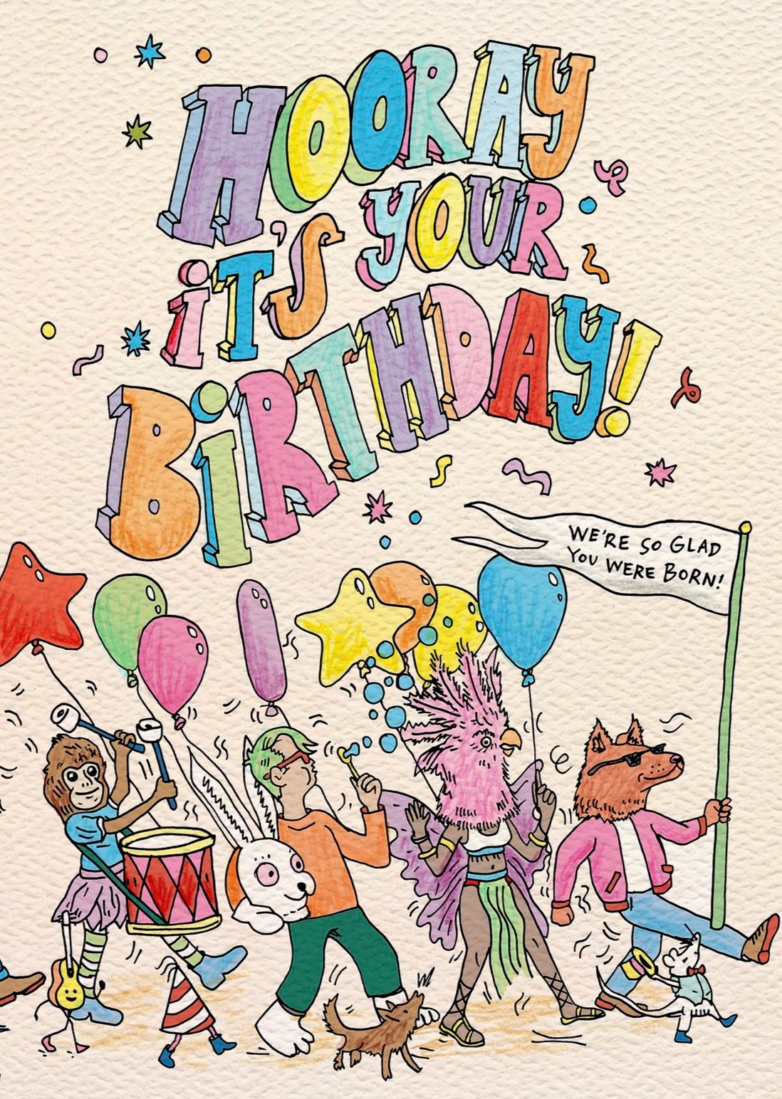 Kids birthday card - tween birthday card - Australian made kids birthday card - fun kids birthday card - So glad you were born - Birthday Parade by Wally Paper Co Melbourne - made in Australia