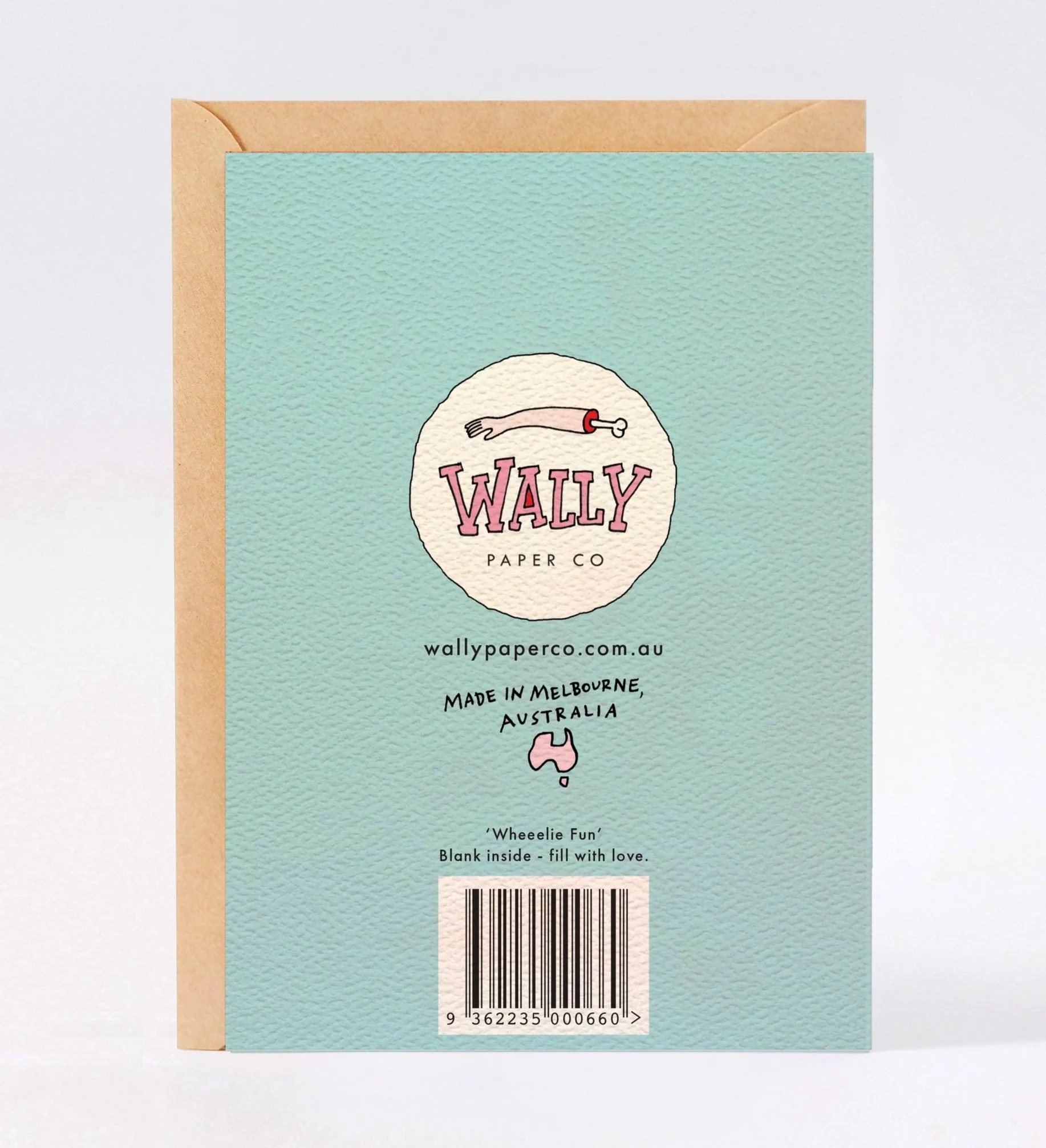 Birthday card or Kids birthday card. Rollerskating bunny with balloon. This super fun and cute kids birthday card is called WHEEELIE FUN by Wally Paper Co. Made in Australia.