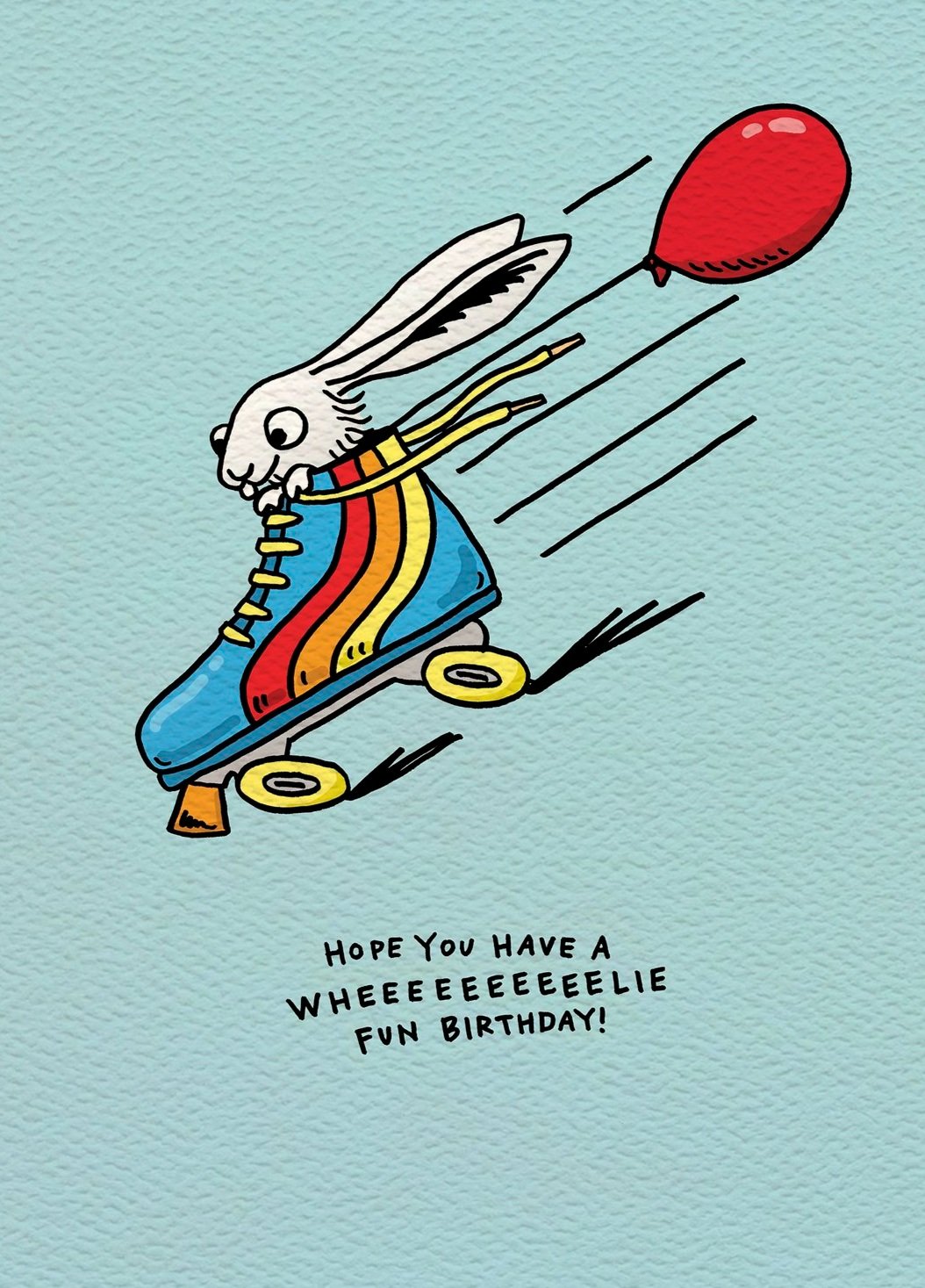 Birthday card or Kids birthday card. Rollerskating bunny with balloon. This super fun and cute kids birthday card is called WHEEELIE FUN by Wally Paper Co. Made in Australia.
