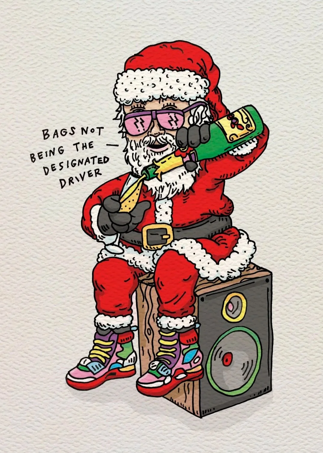 Christmas card - funny Christmas card - Australian made Christmas card - Designated Driver - starring cool Santa and champagne by Wally Paper Co Melbourne - made in Australia
