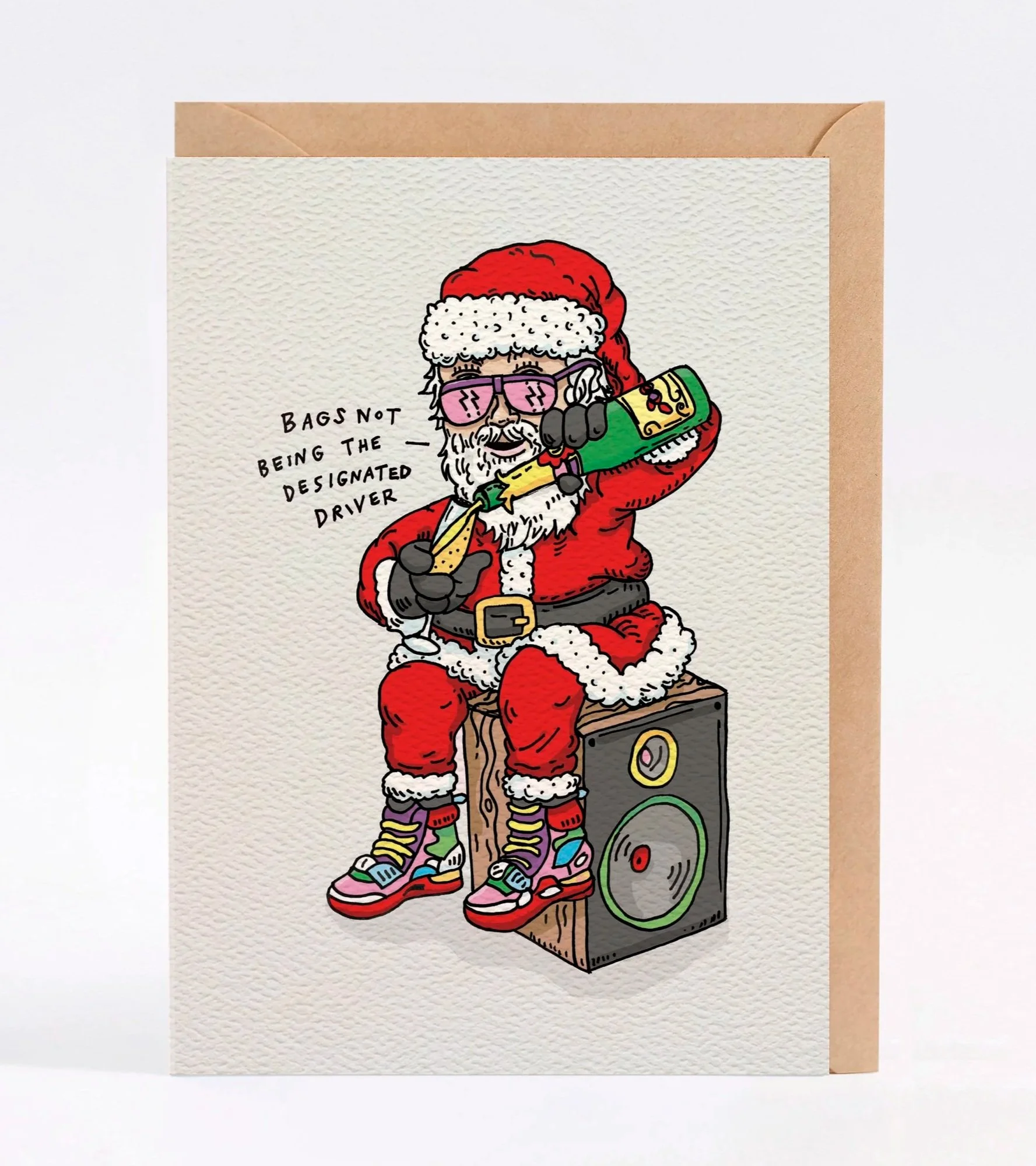 Christmas card - funny Christmas card - Australian made Christmas card - Designated Driver - starring cool Santa and champagne by Wally Paper Co Melbourne - made in Australia