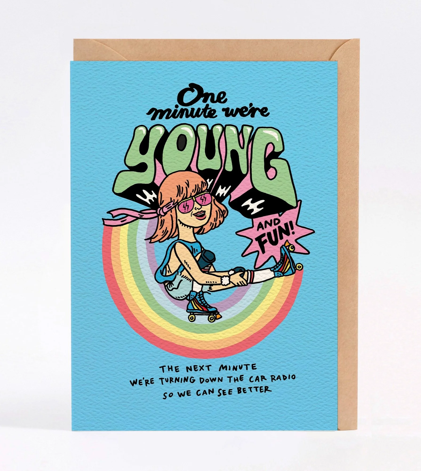 Funny birthday card called YOUNG AND FUN by Wally Paper Co, Melbourne. Made in Australia.