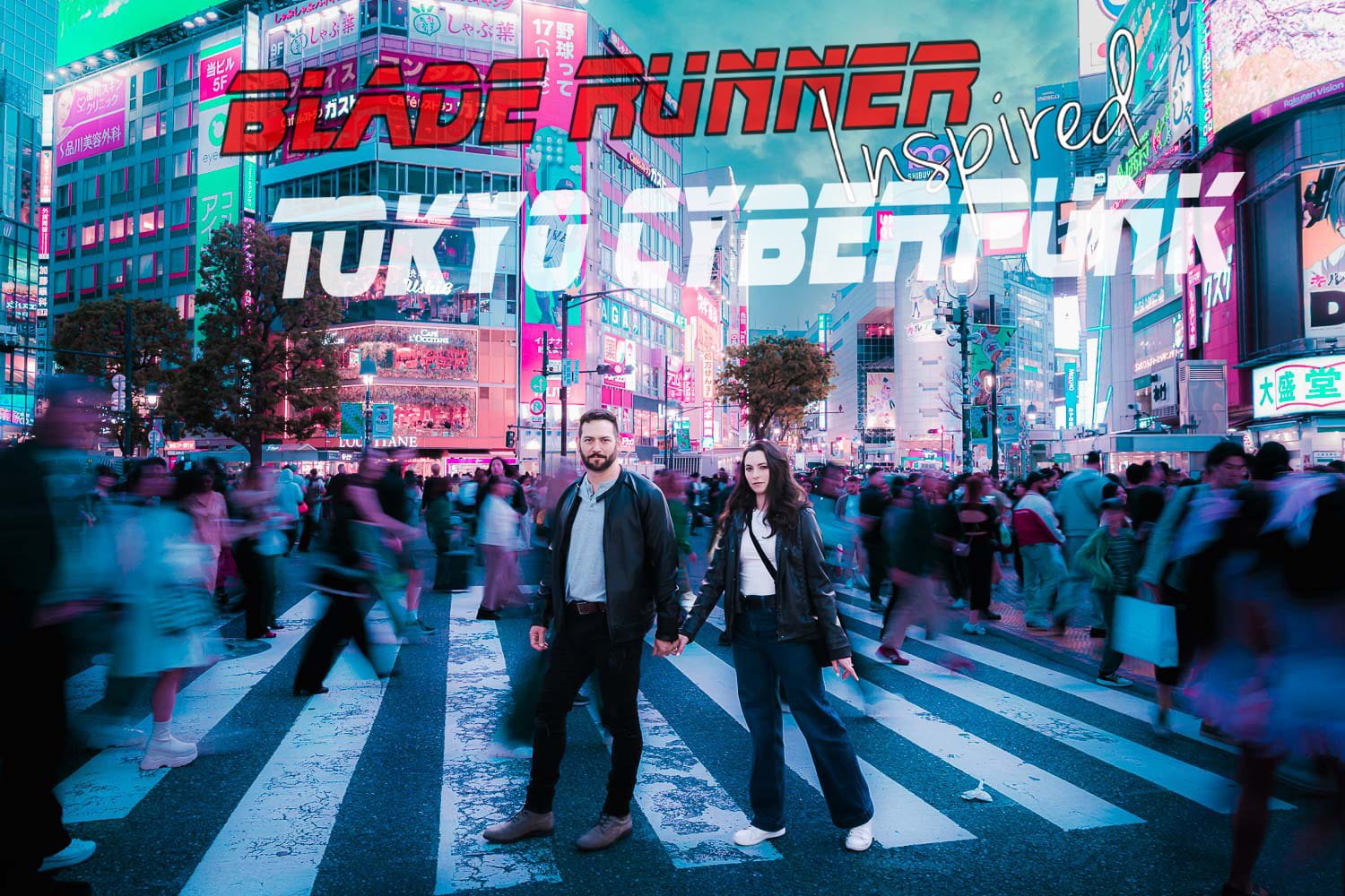 Couple at Shibuya Crossing, Tokyo, in a Blade Runner-inspired cyberpunk portrait with neon color grading
