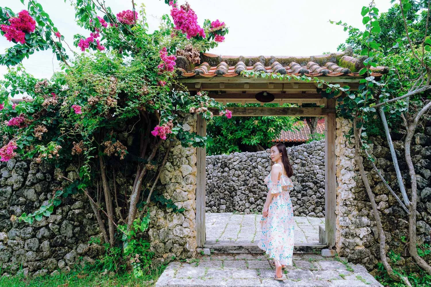 Traditional Okinawa building and flower (fiery red Deigo)
