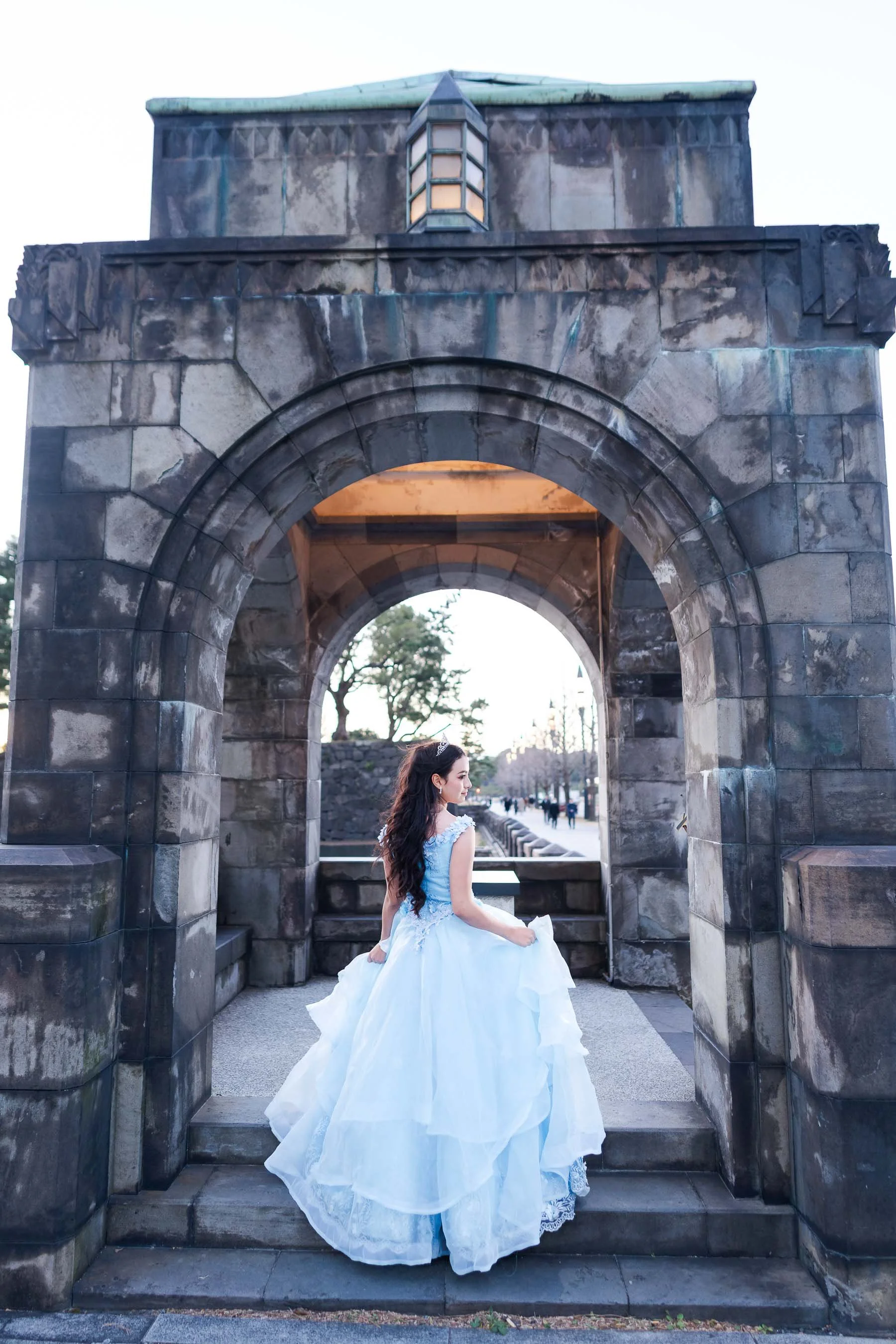 Tokyo_quinceanera_photographer_blue_gown_stone_gate_imperial_palace.jpg