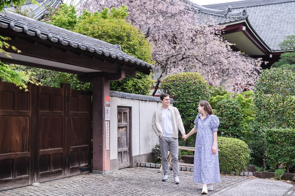 A couple walking around Zojoji Temple near Shiba Park with pink cherry blossom in the background