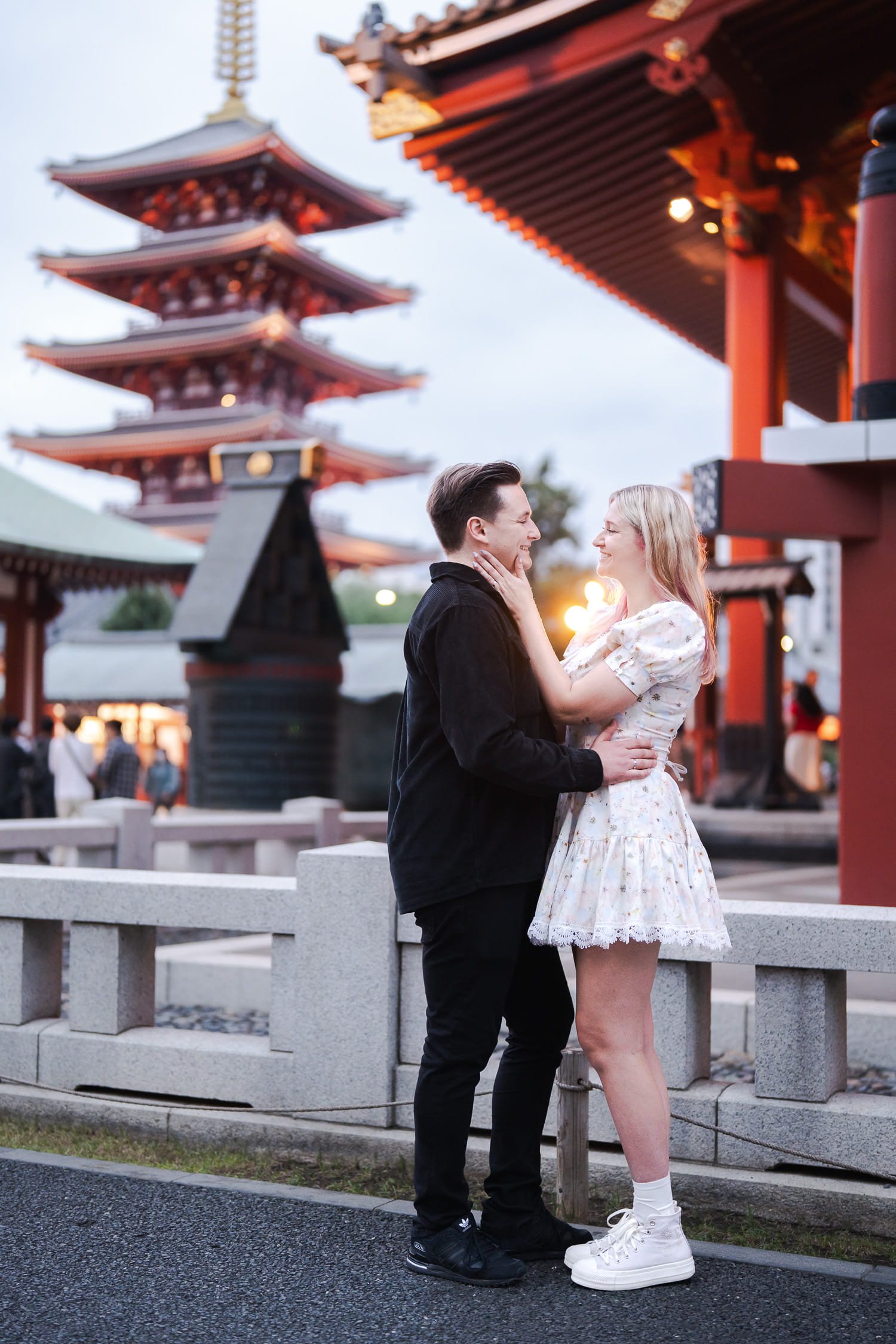 The must-photograph scene in Sensoji Temple, Asakusa, perfect for a sunset couple engagement photoshoot