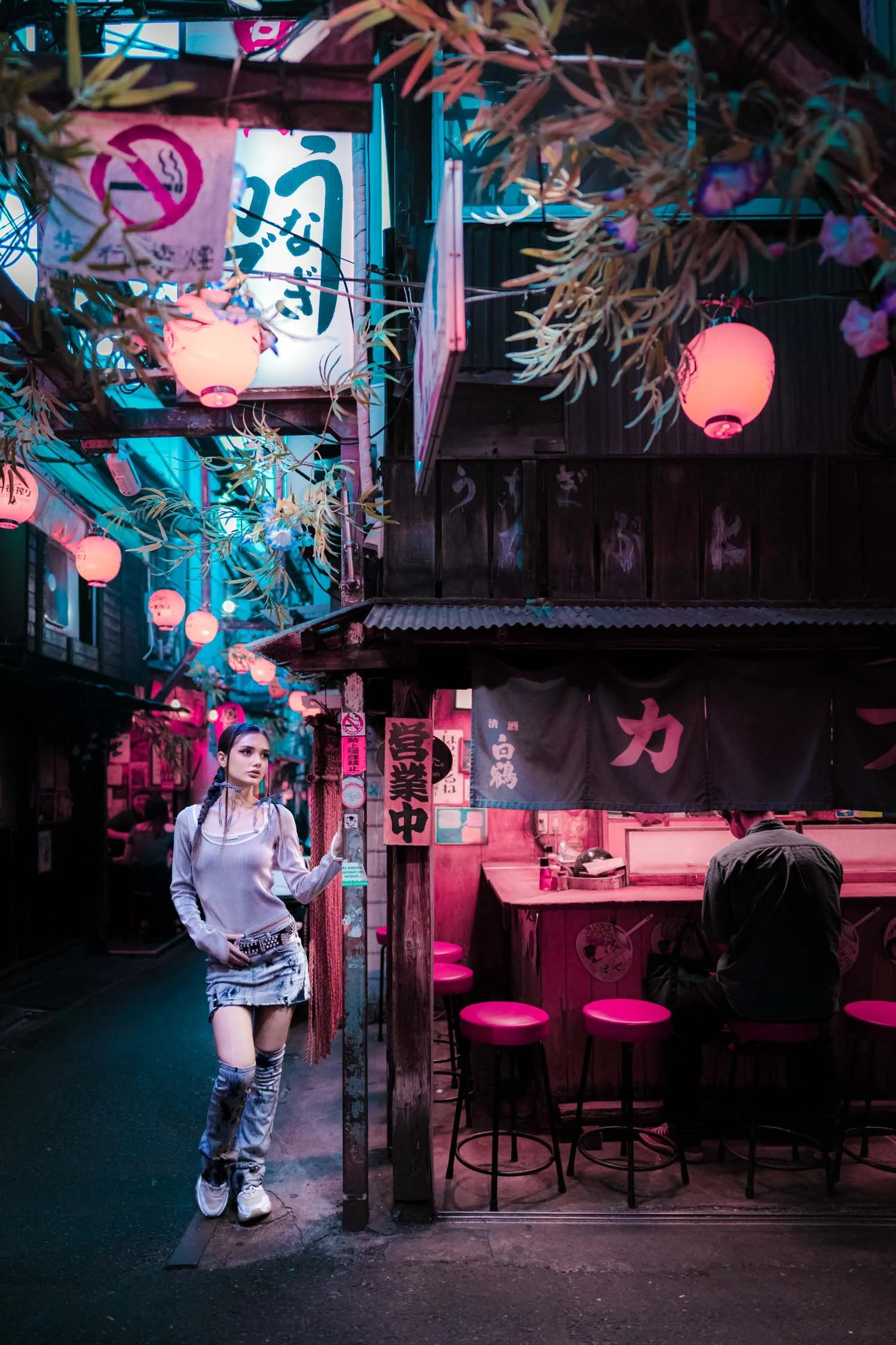 Woman posing under red lanterns in Shinjuku Omoide Yokocho alley, cyberpunk-style portrait