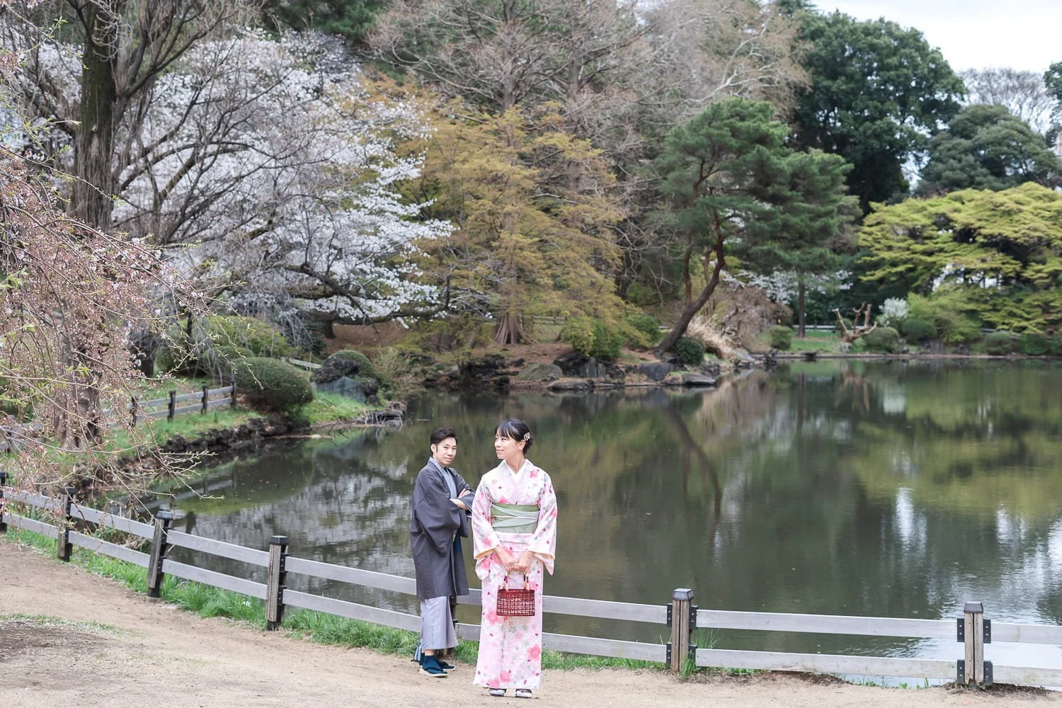 The couple were standing in front of a small pond in Shinjuku Gyoen Park with a stunning background of Japanese garden and sakura trees.