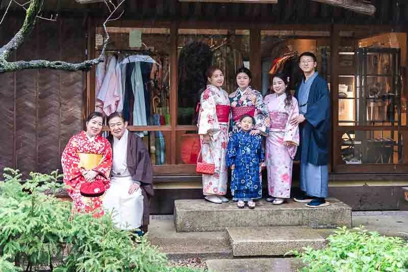 Family having kimono wearing experience during their holiday in Tokyo