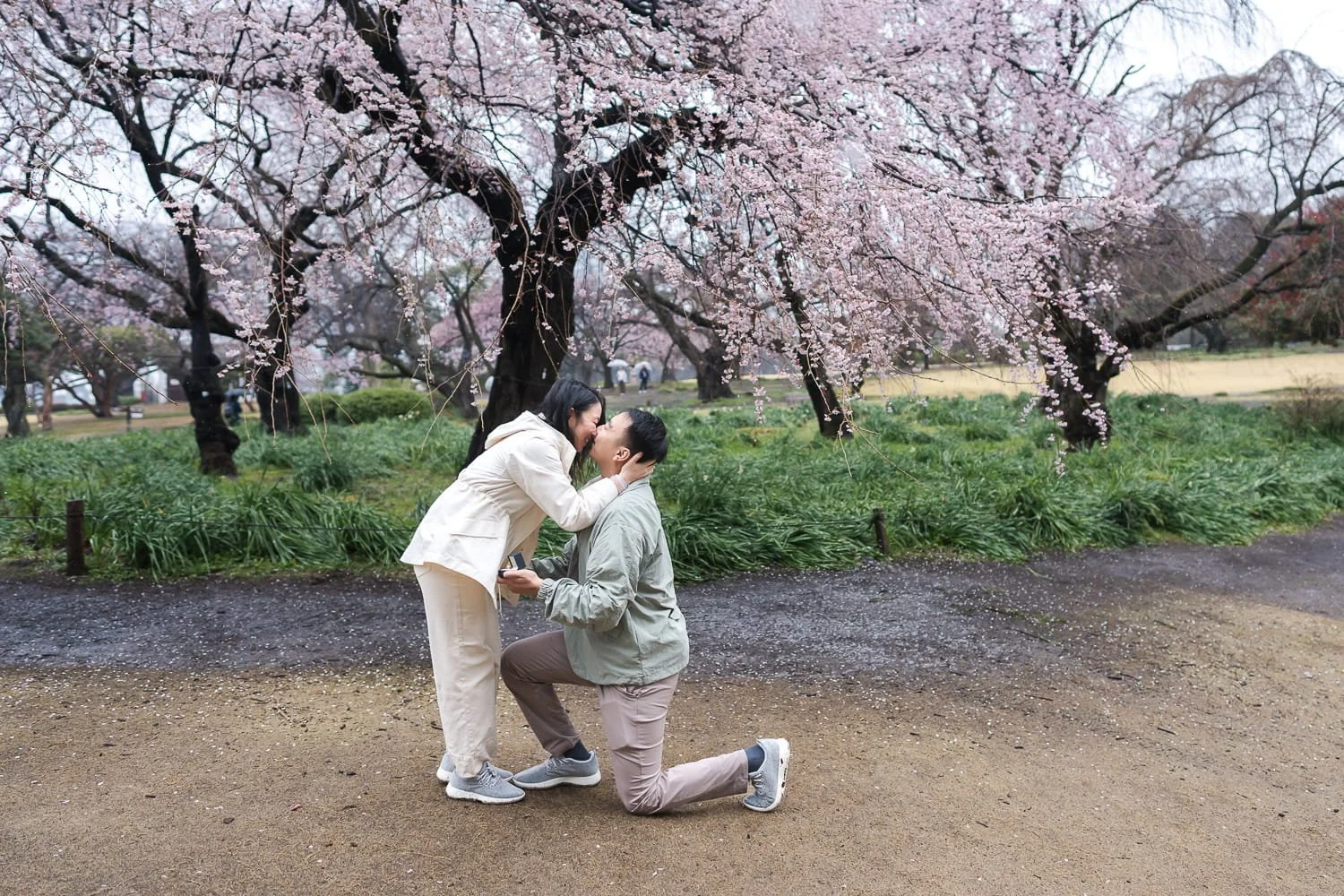 Couple kissing each other during a surprise proposal photoshoot on a rainy day in Shinjuku Gyoen Garden