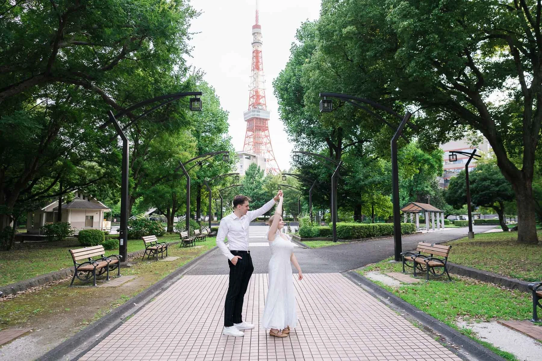 Newly engaged couple portrait at Shiba Park with Tokyo Tower