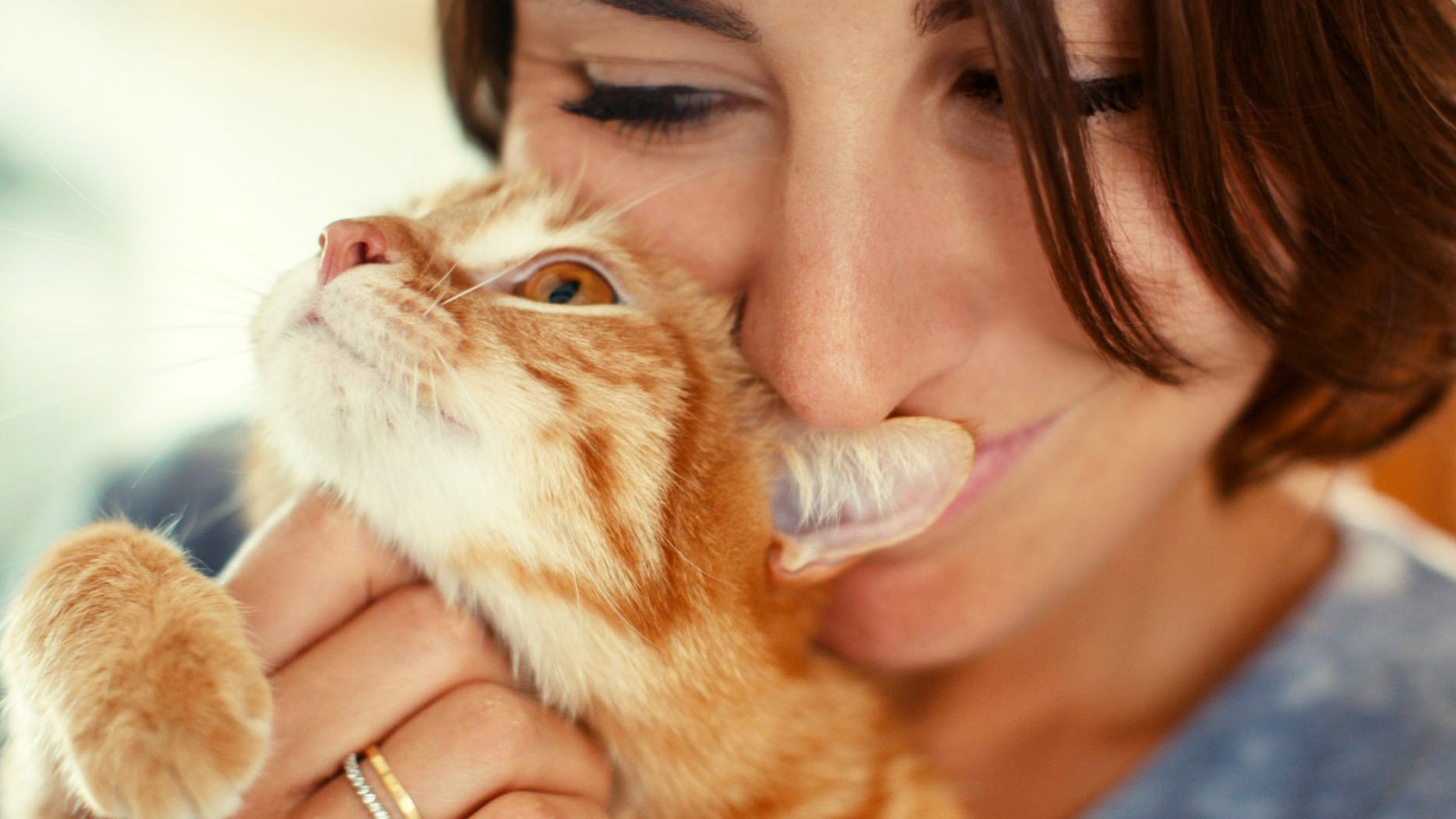 A young Spanish woman is nuzzling her ginger cat in close up. She has short brown hair in a bob