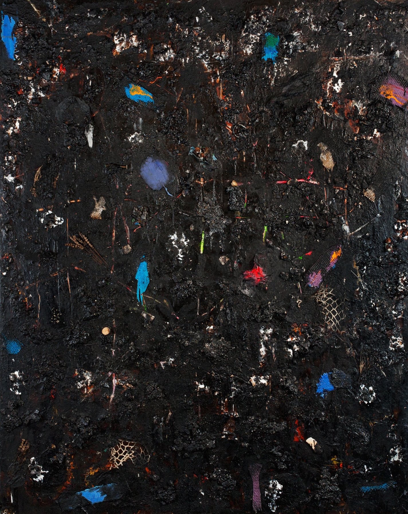   Low Tide  Oil, wax, sand, seashells, dried plant material, quartz, burlap, canvas,  cork, wipes, netting, papier mache, sandpaper, cardboard, nails and twine on panel 2015 48 x 60 in/ 121.9 x 152.4 cm 