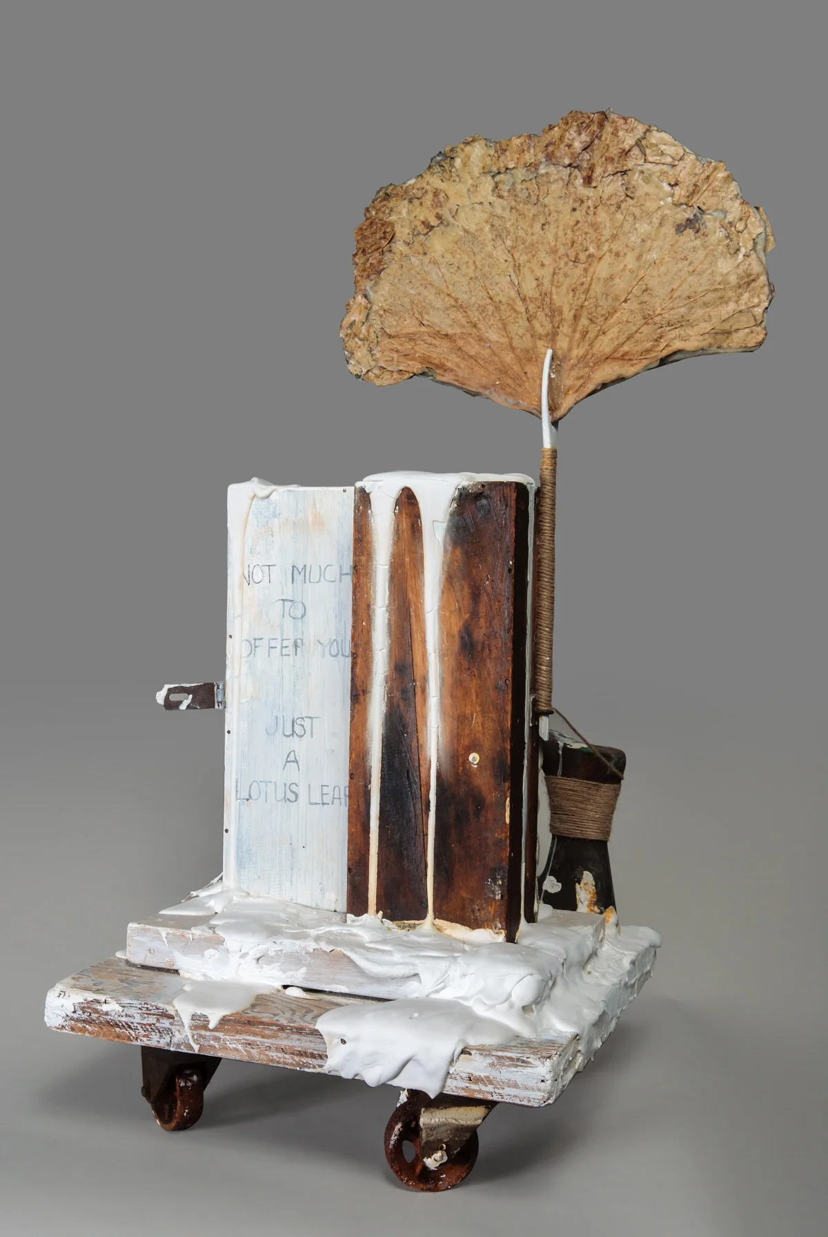 Out of the Earth (Back) Found objects, burlap, dried plant material, plaster, white paint, encaustic, graphite, twine, glue, and nails 36.5 x 18 x 16.5 in/ 92.7 x 45.7 x 41.9 cm