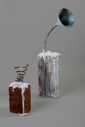 Cutting Through the Noise (Background) Found objects, hydrocal, glue and gesso 32 x 8 x 4 in/ 81 x 20.3 x 10.1 cm Going Nowhere (Foreground) Found objects, glue, hydrocal and gesso 14 5/8 x 5.5 x 3 5/8 in/ 37.1 x 13.9 x 9.2 cm