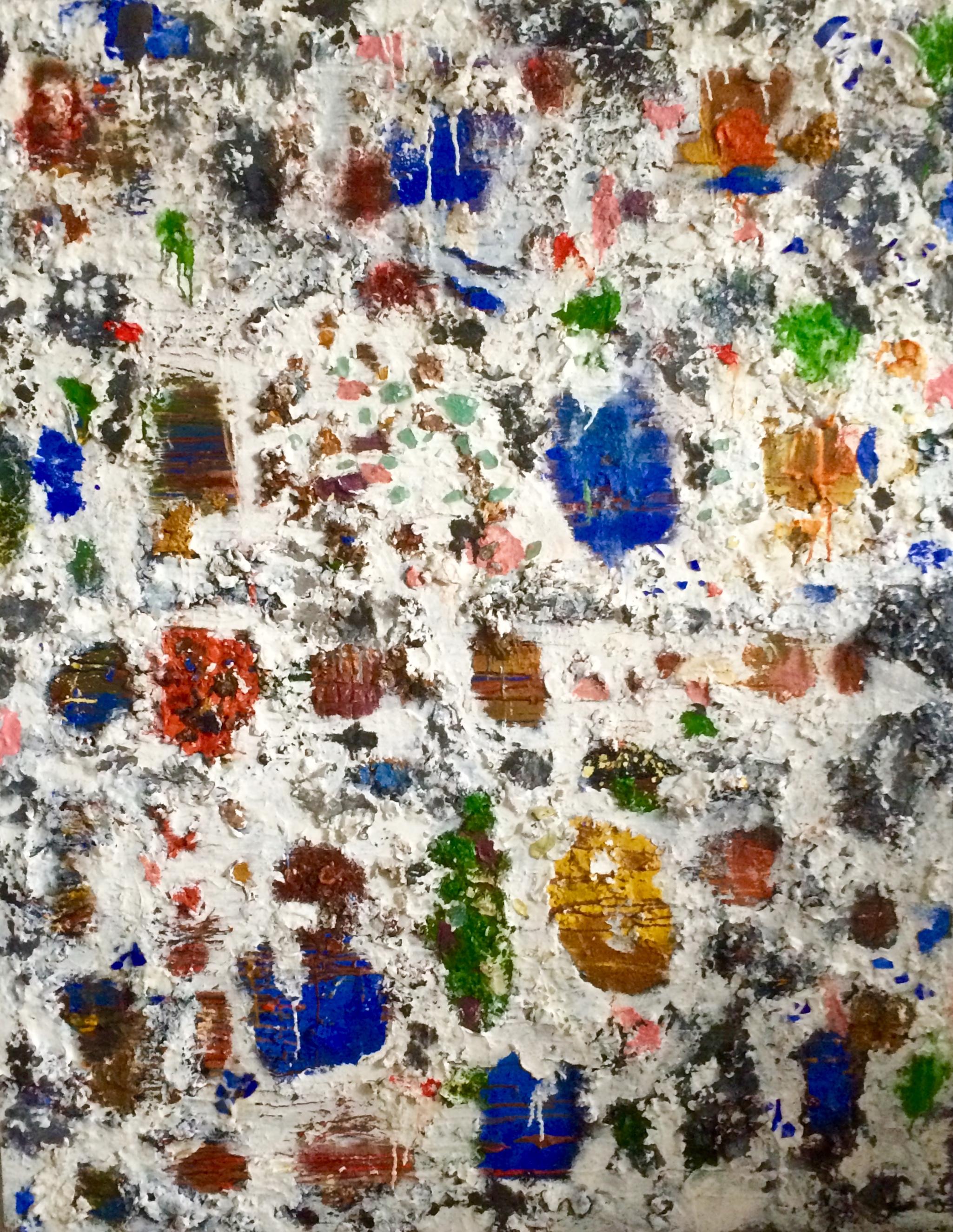   Casablanca Oil, wax, sand, sea shells, glass and fiberglass mesh stencil on panel 48 x 60 in/121.9 x 152.4 cm 2015       