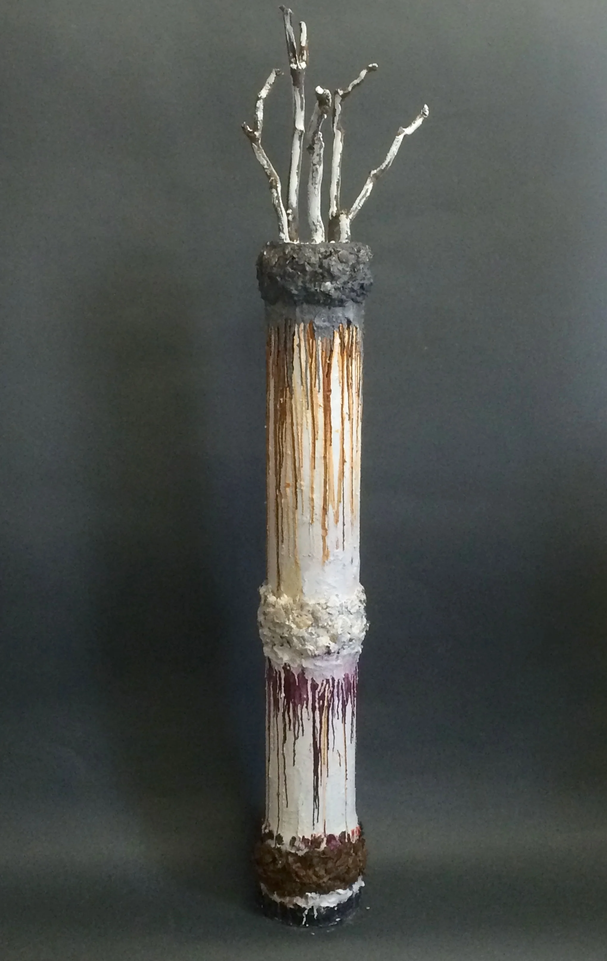 Creation Oil, wax, sand, seashells,glass, quartz, styrofoam, glue, gesso, branches on PVC 63 x 10.25 x 7.5 in / 160 x 26 x 19 cm