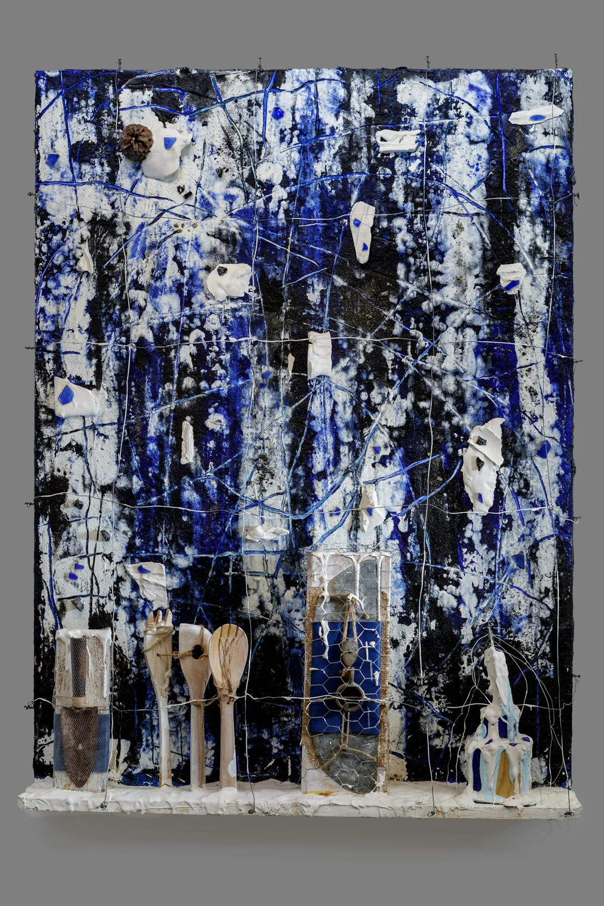 Harmony in Blue Mixed media on panel 48 x 36 x 7.5 in. /121.9 x 91.4 x 19 cm.