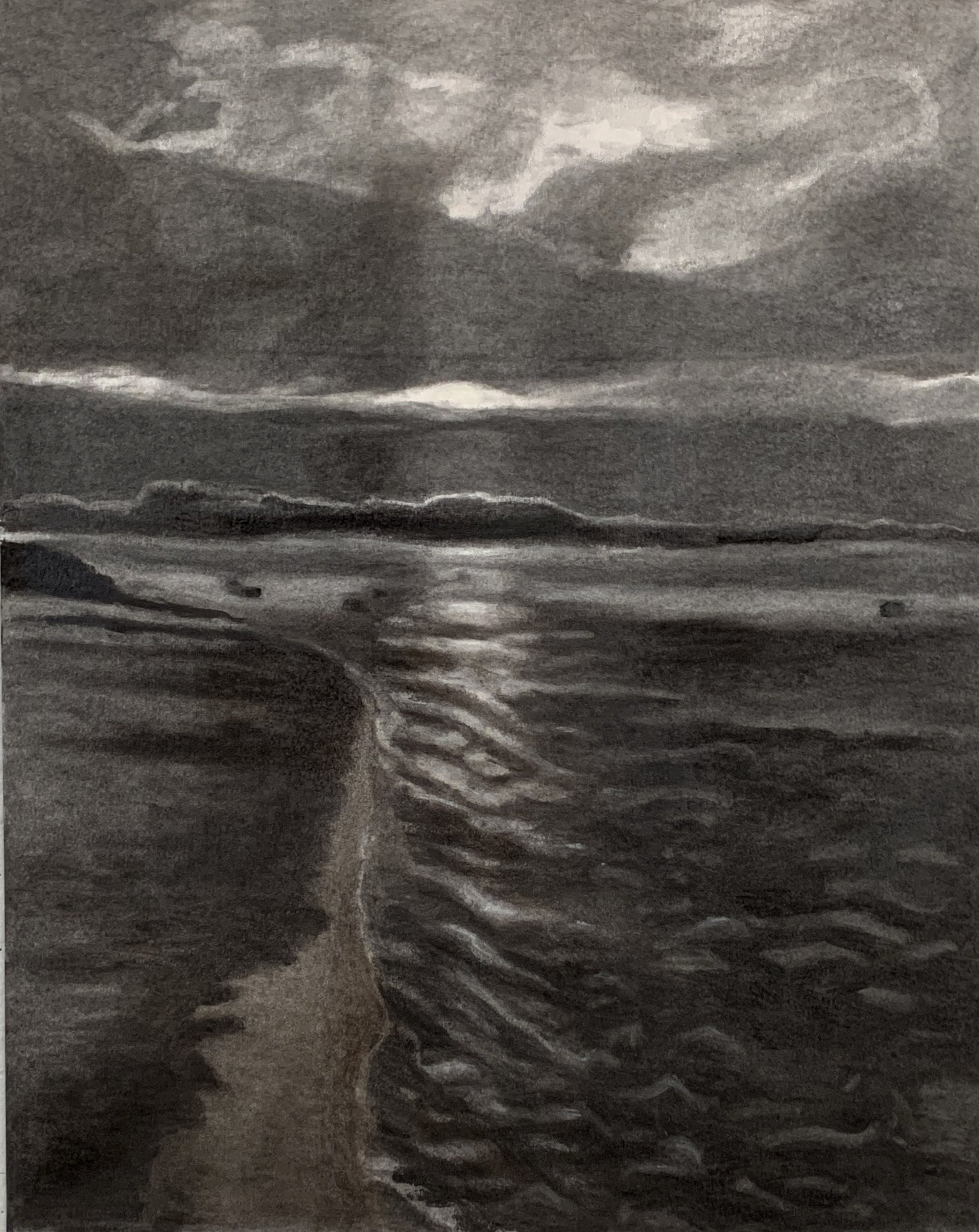   Sunrise at Gloucester Harbor  Charcoal with pastel on vellum mounted on aluminum. 23 x 18 in./ 58.4 x 45.7 cm. 2019 