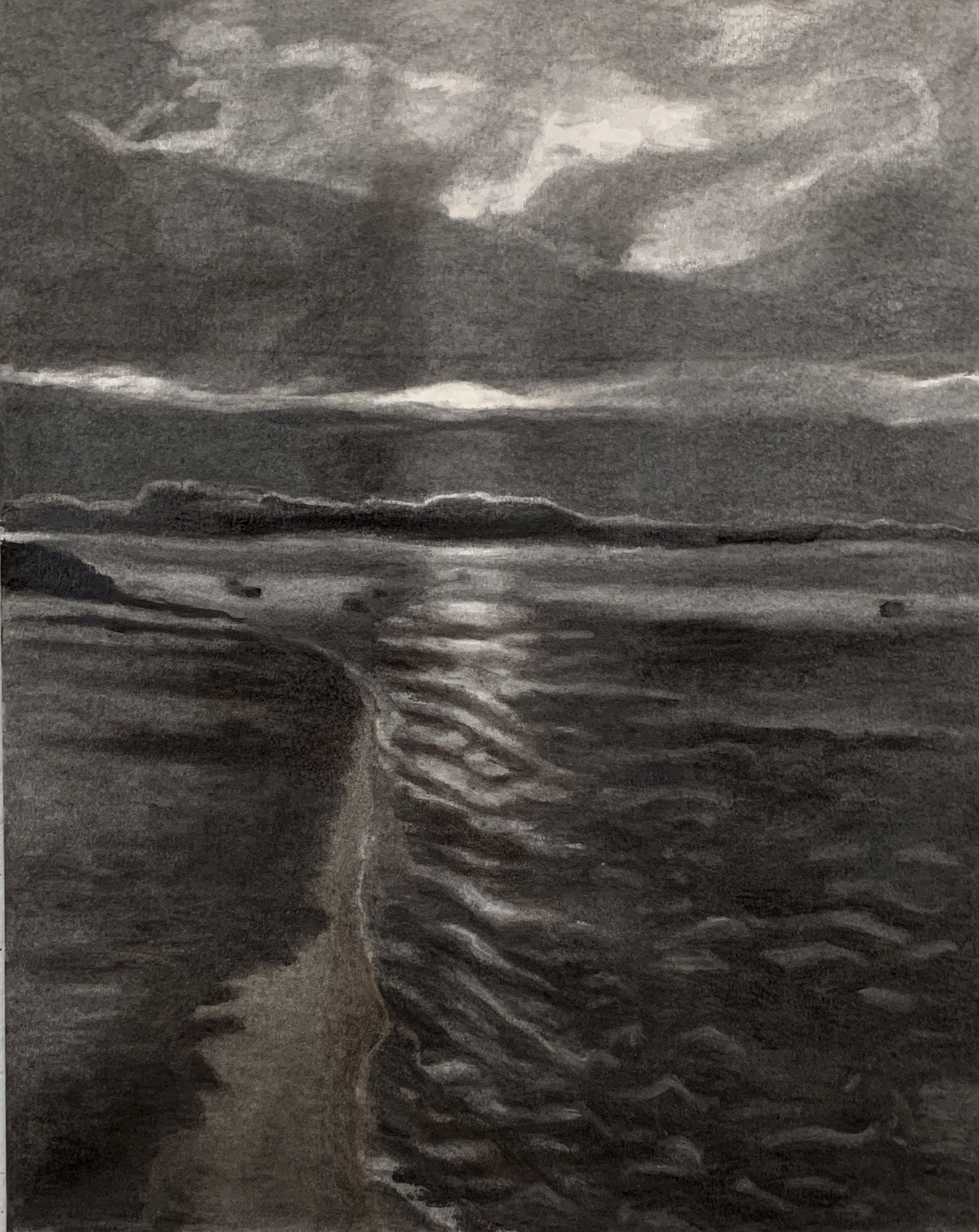 Sunrise at Gloucester Harbor Charcoal with pastel on vellum mounted on aluminum. 23 x 18 in./ 58.4 x 45.7 cm.