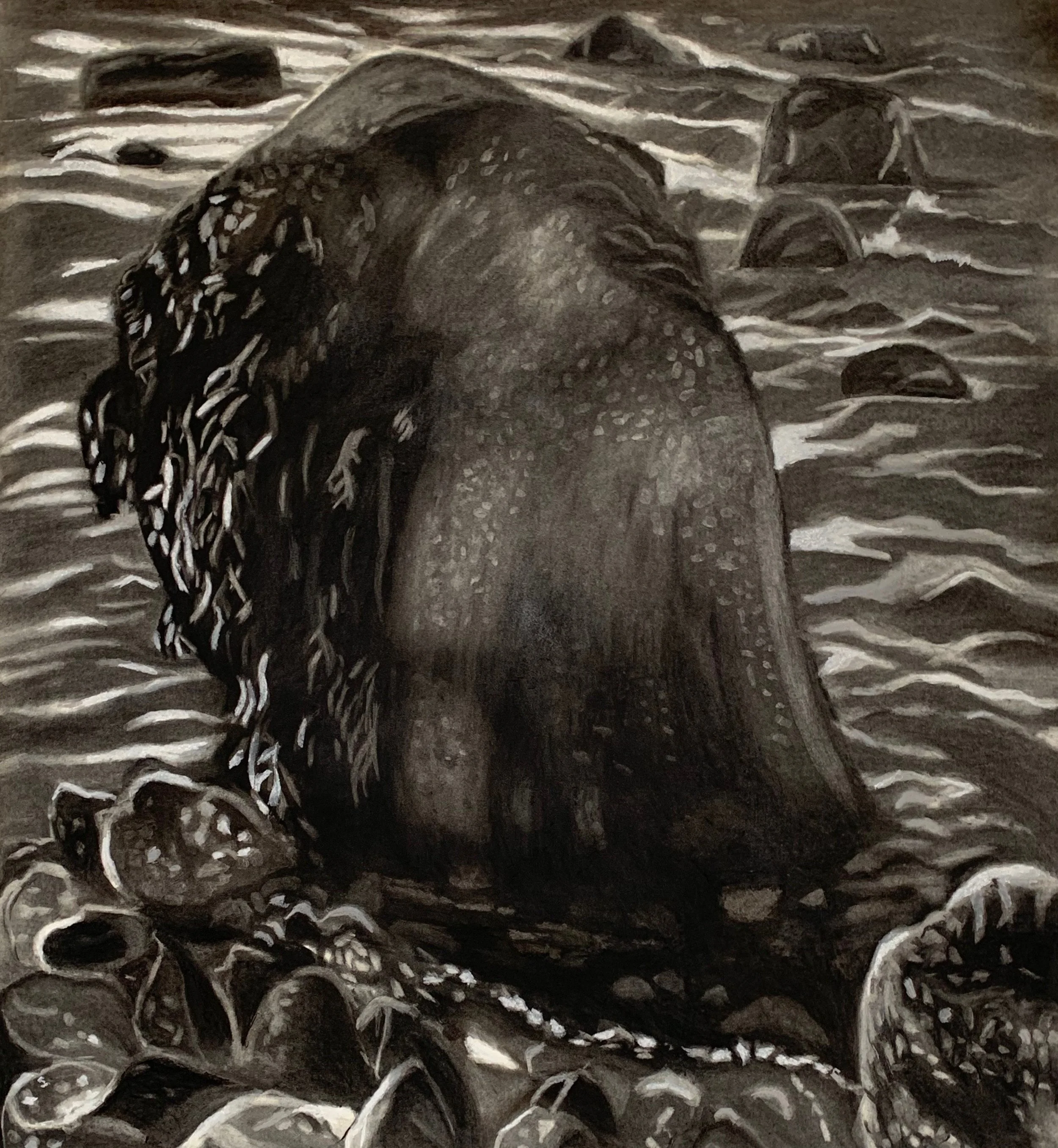 A Breath of Fresh Air Charcoal with pastel on Strathmore paper mounted on aluminum. 40 x 37 in./ 101.6 x 93.9 cm.