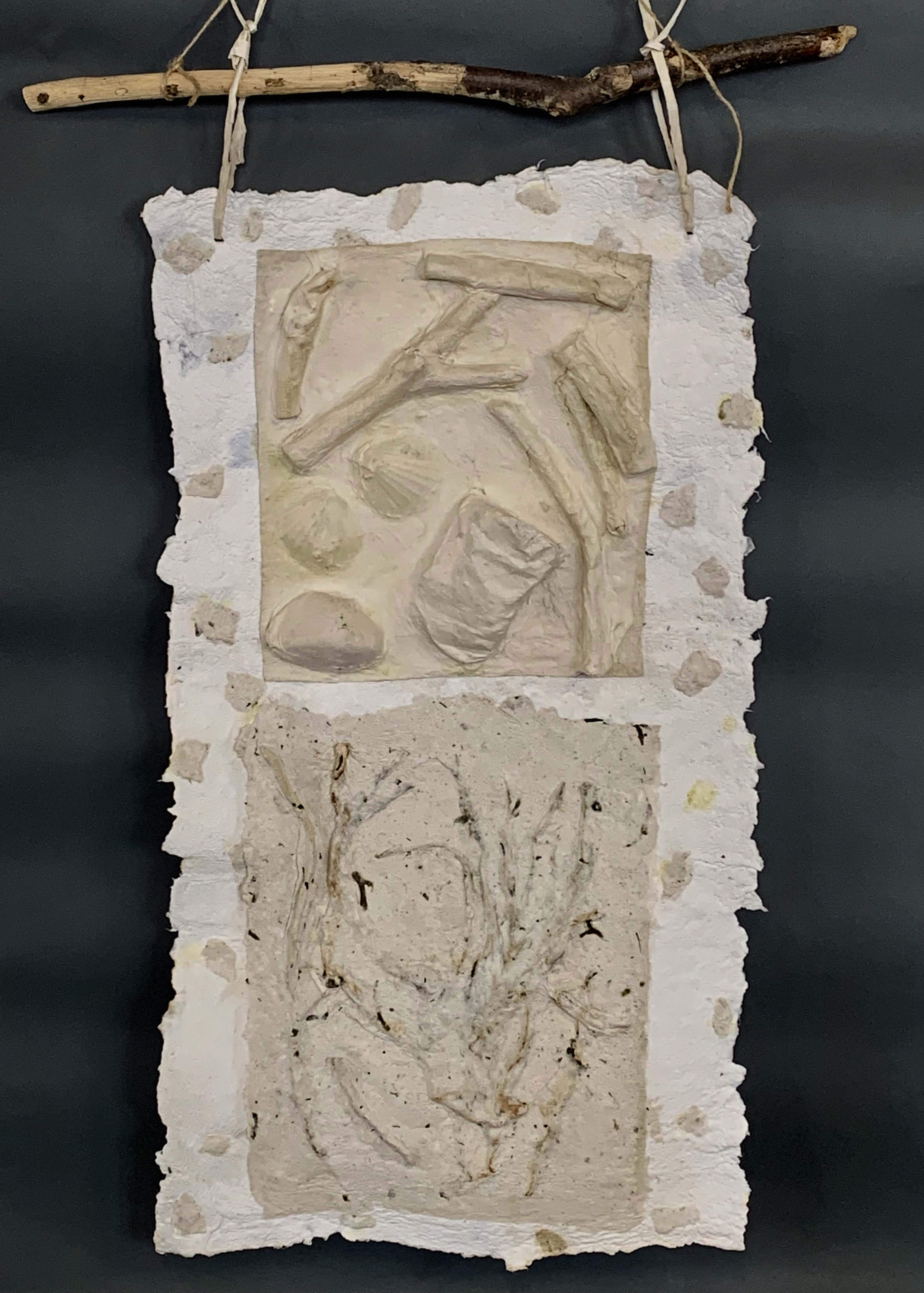   Untitled   .    Relief with branches imbedded in hand made paper from seaweed, cotton, and abaca. 2019 