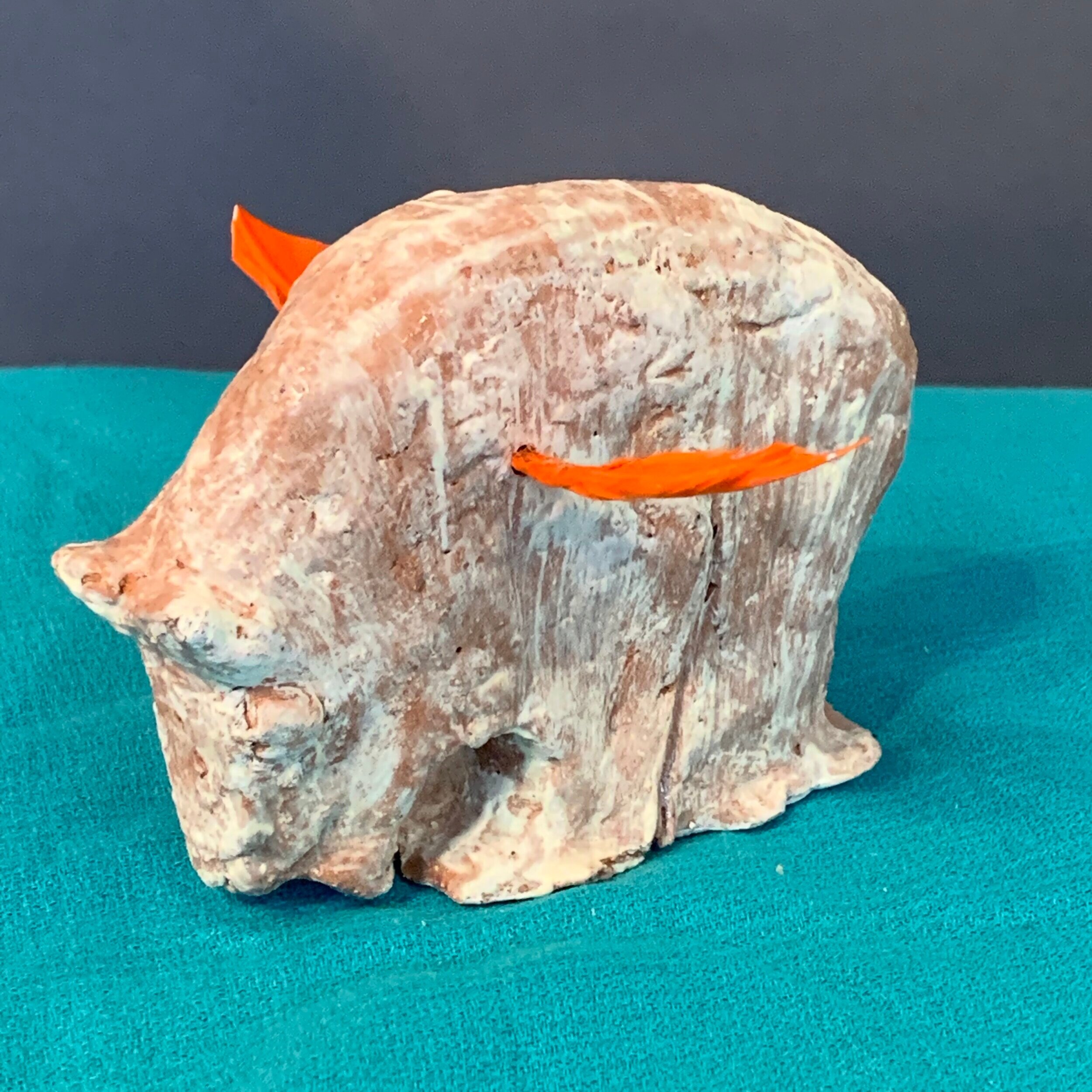  Bear, Spirit Animal Series  Clay and glaze with feathers 5 x 3.5 x 5 in/12.7 x 8.8x 1.7 cm. 2020   
