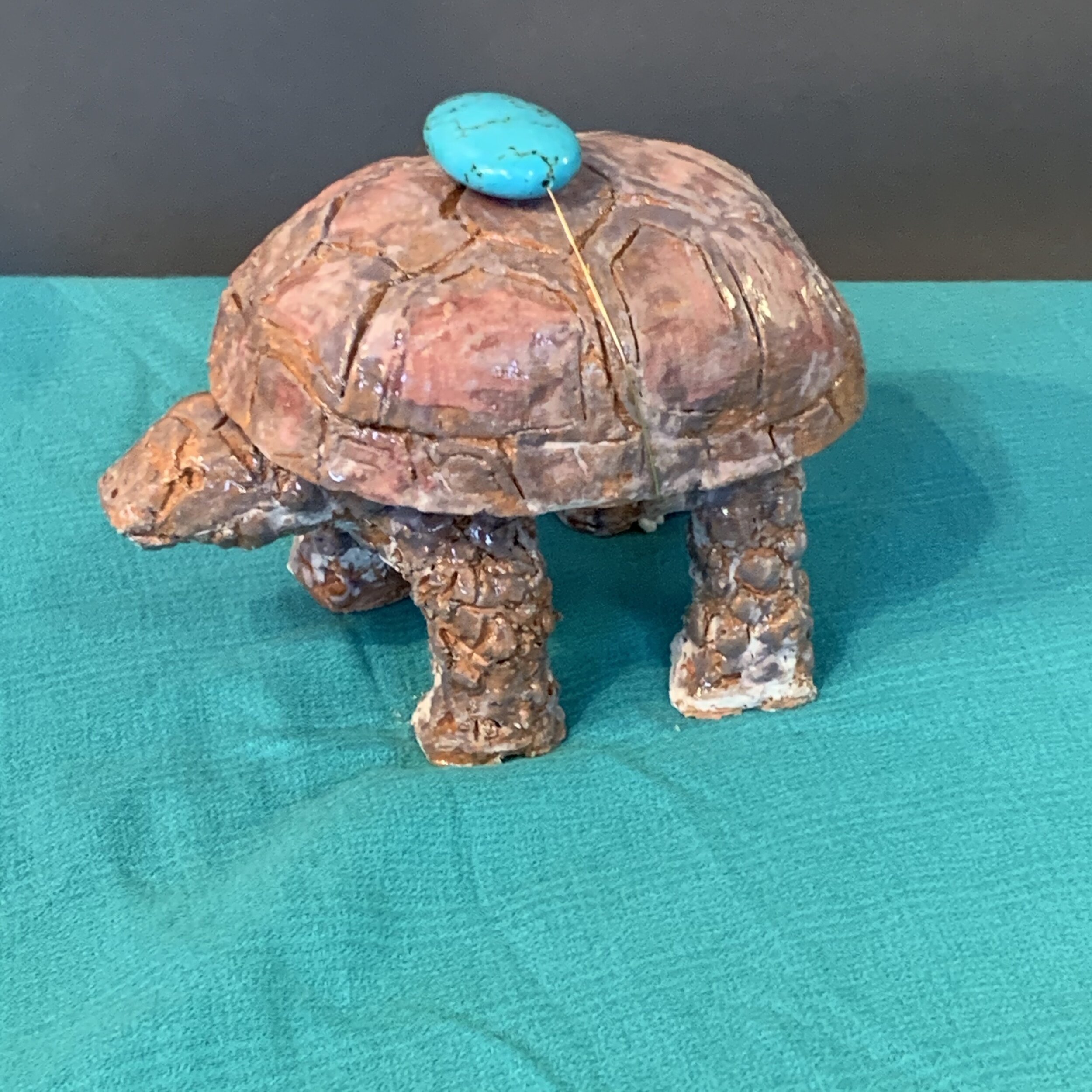   Tortoise, Spirit Animal Series  Clay and glaze  with turquoise stone and thread 6. 5 x 3.3x 4.5 in/16.5 x 8.3 x 11.4 cm. 2020 